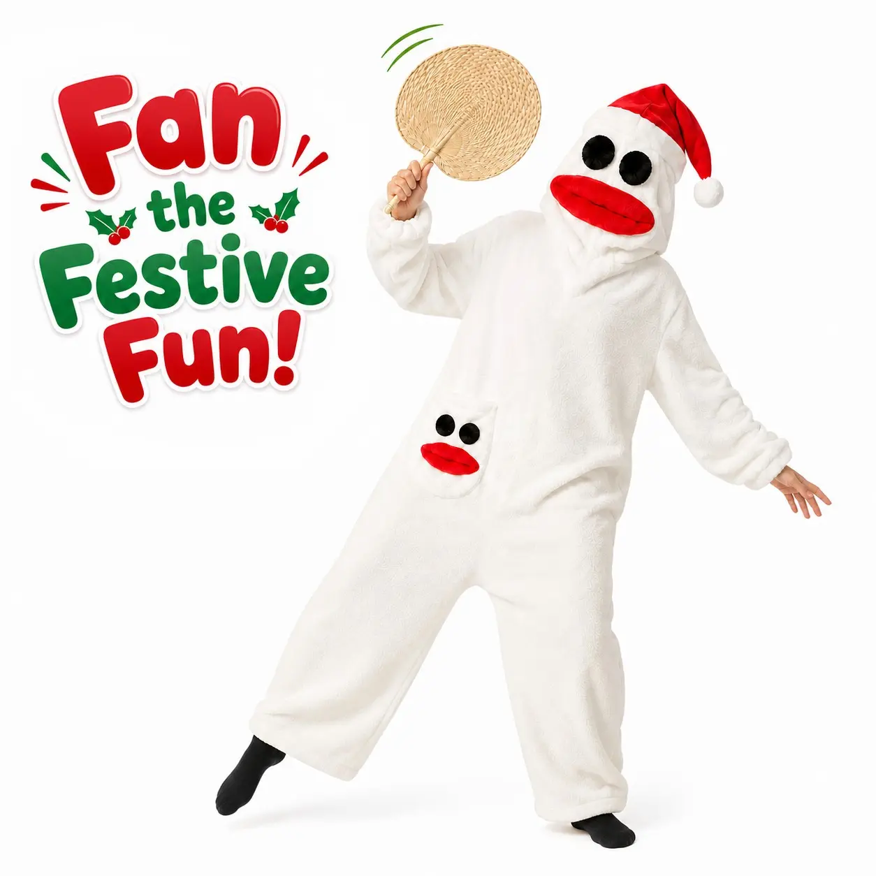 Funny Christmas Character Party Prop Set, Plush Wearable Holiday Disguise, Santa Hat and Hand Fan, Photo Booth Accessory for Xmas Parties