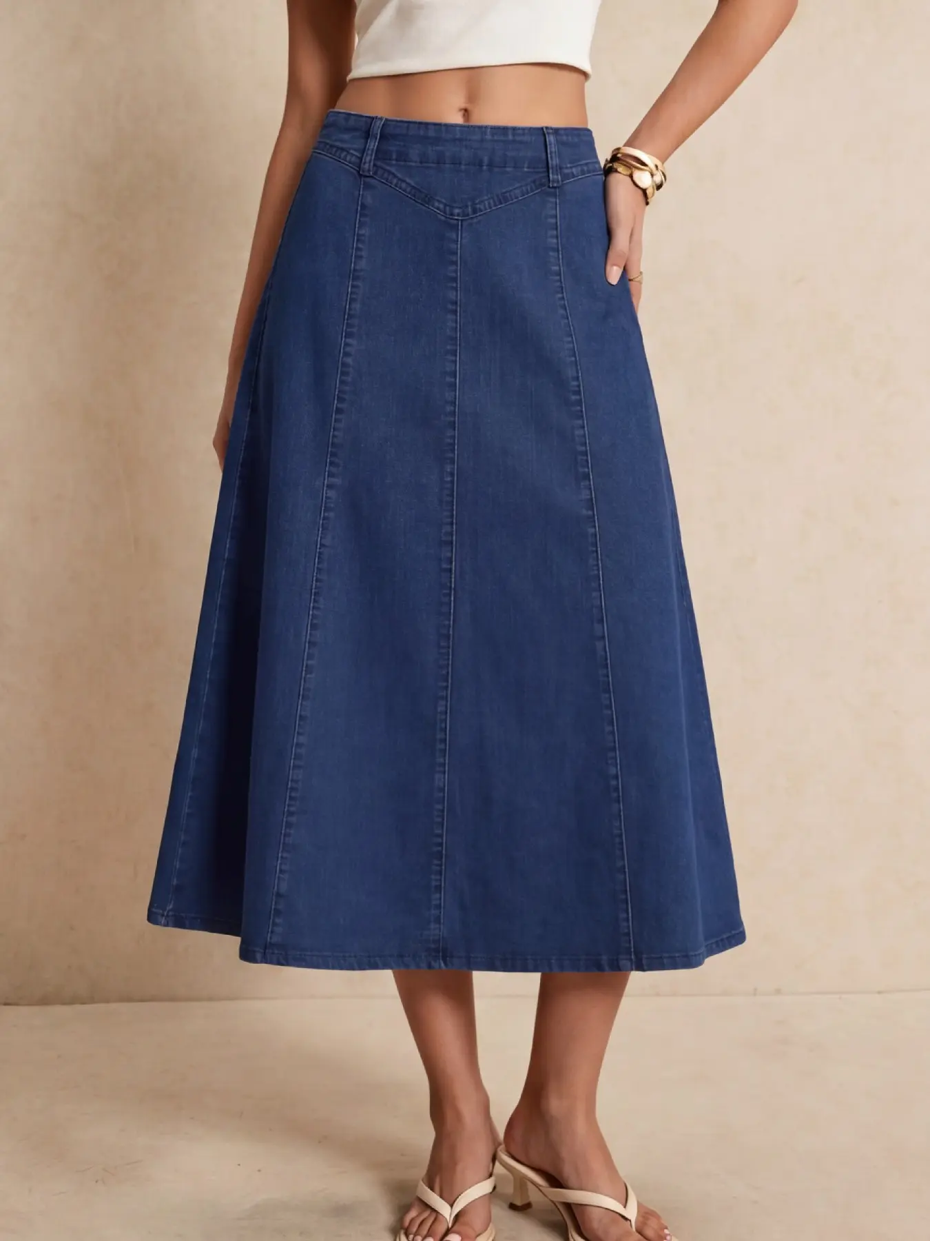 Summer High-Waisted Midi Skirt for Women, Casual Fitted Skirt, Deep Blue Denim, A-Line Hem, Vintage Solid Color, Casual Office Vacation, Slimming Effect