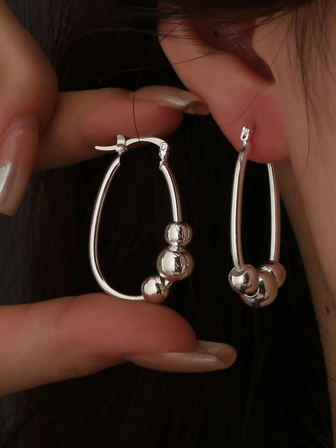 1 Pair Silver 3-Bead Hoop Earrings for Women - Dainty Hypoallergenic Minimalist Hoops, Tiny Bead Detail Everyday Earrings, Office & Casual Jewelry, Gift for Her