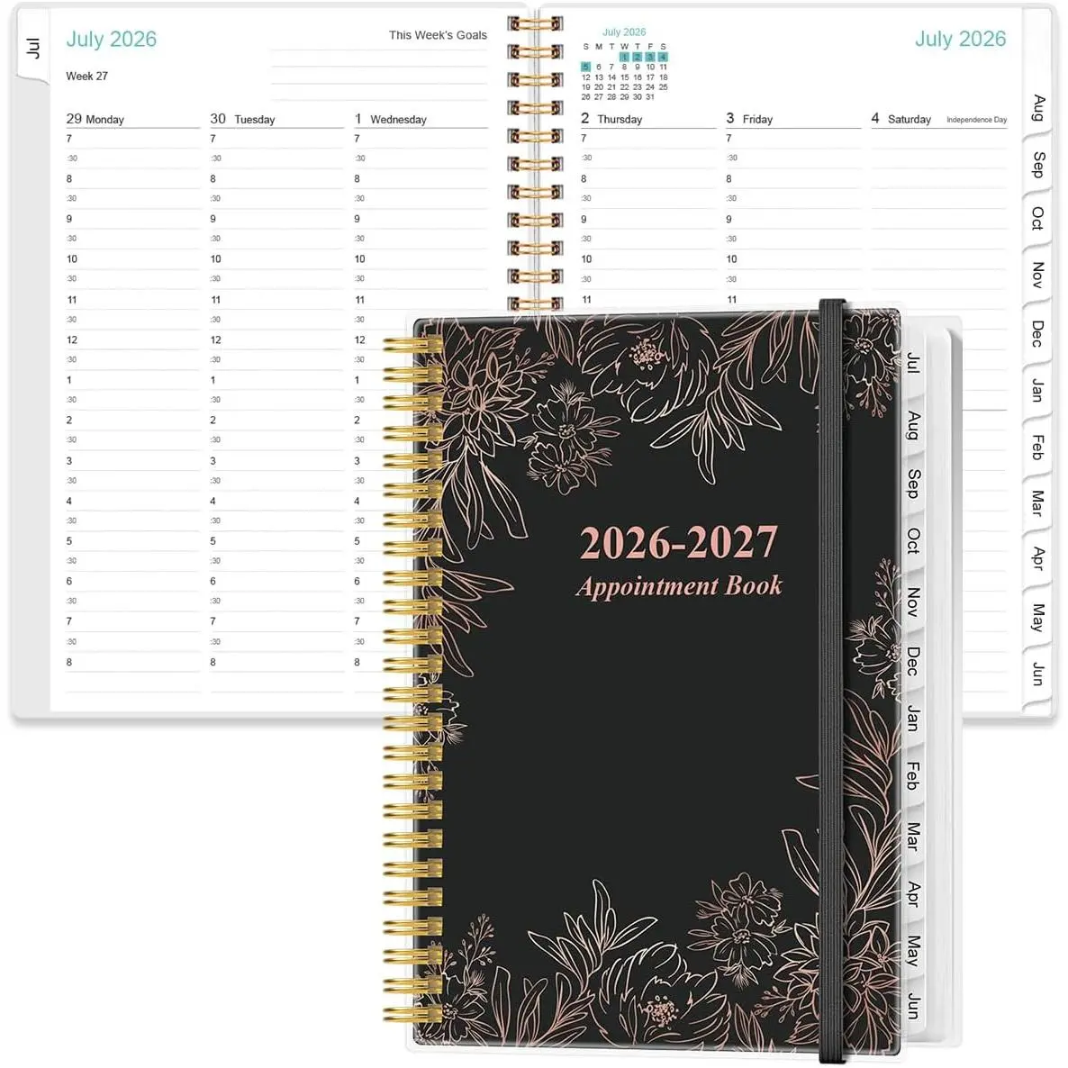 2026-2027 Appointment Book - 2026-2027 Daily Hourly Planner from July 2026 - June 2027,12 Monthly Tabs, Inner Pocket, 6.4" x 8.5", Black Flower