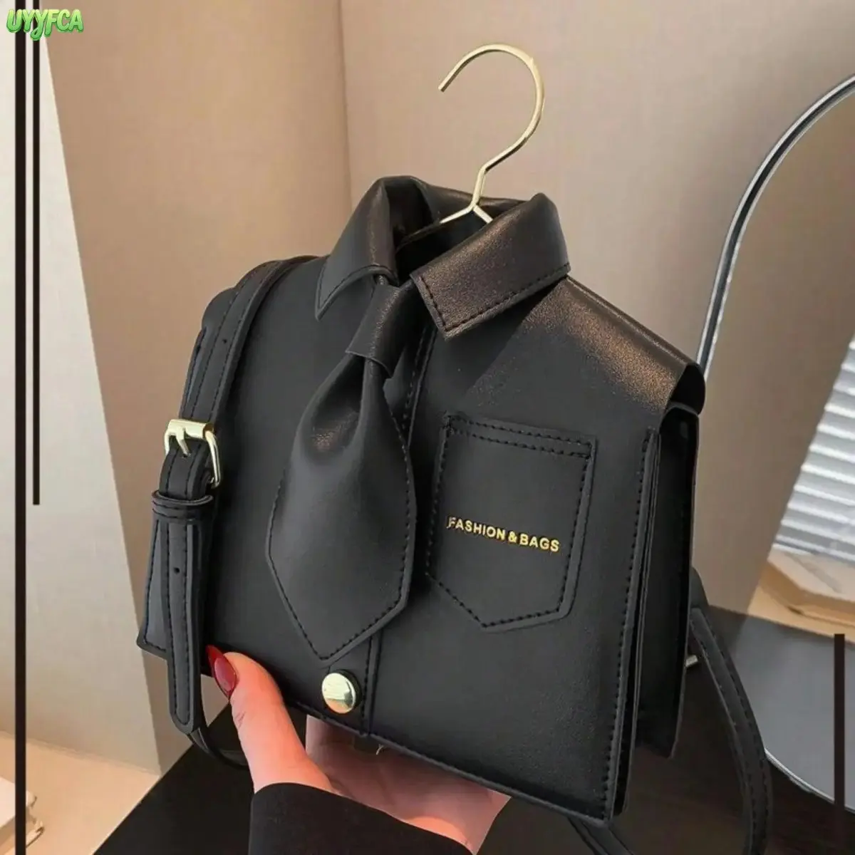 Unique Shirt Collar Tie Faux Leather Mini Crossbody Bag For Women, Structured Shirt Shaped Magnetic Snap Small Shoulder Purse, Adjustable Thin Strap Compact Cell Phone Handbag, Minimalist Solid Color Chic Daily Carry Bag