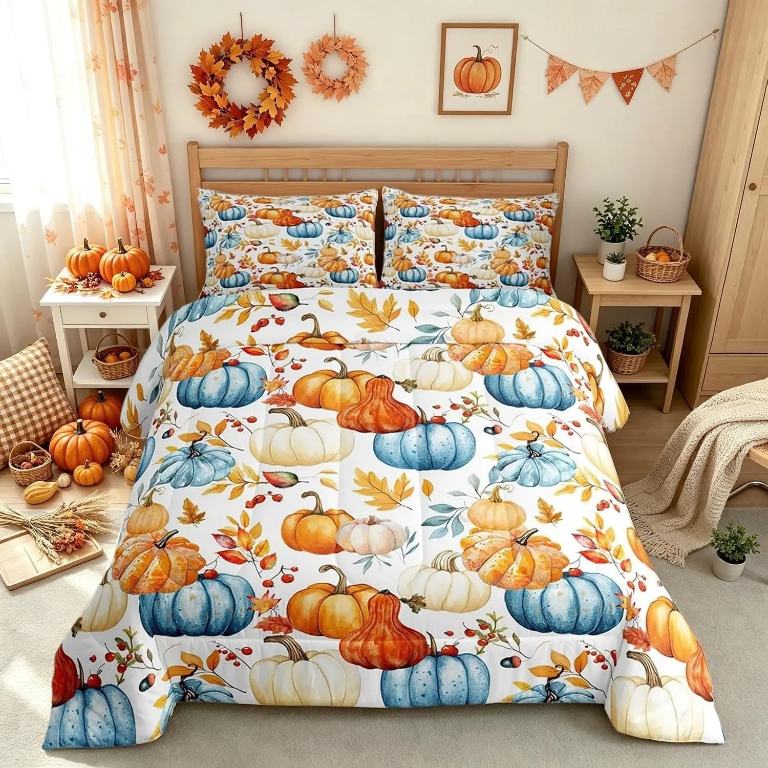 3pcs Fall Bedding Set, Maple Leaf Pumpkin Quilt Set, Soft Polyester, Full Size, Kids Teen Bedroom Decor, Vintage Farmhouse Style, 2 Pillowcases