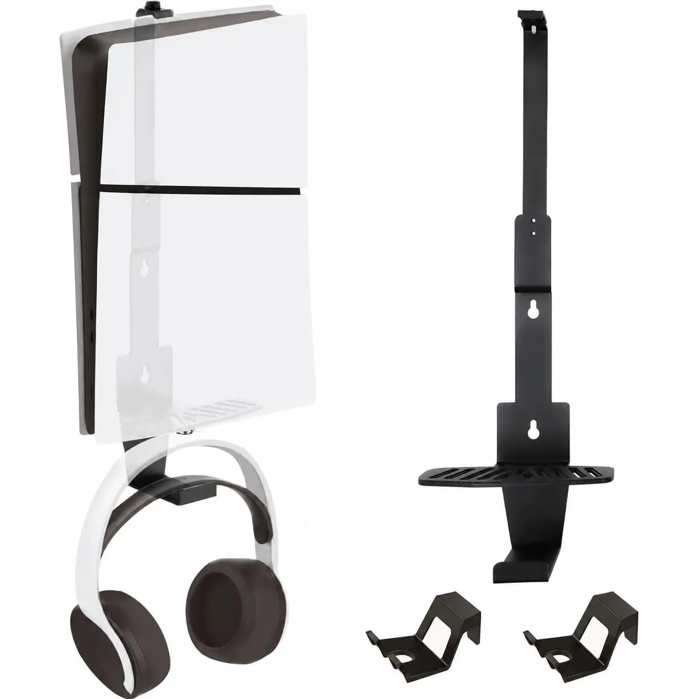 Wall Mount for PS5, Heavy-Duty Steel Mount Kit for Protection & Cooling with 2 Controller Holder and Headset Holder,Compatible with All PS5 Models Including Slim, Pro, Original(Black)