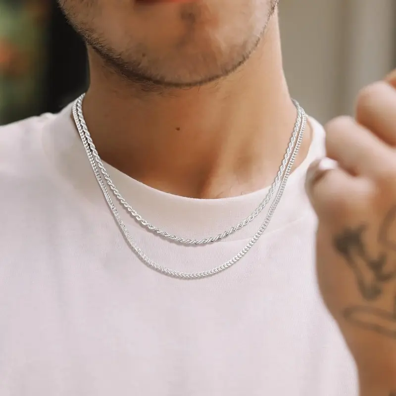 Tewiky Trendy 2Pcs 3mm Chain Necklace for Men SummerVibes Silver Layered Cuban Link Rope Necklaces Set Simple Jewelry Gift 18-28 Inches Present Jewelry