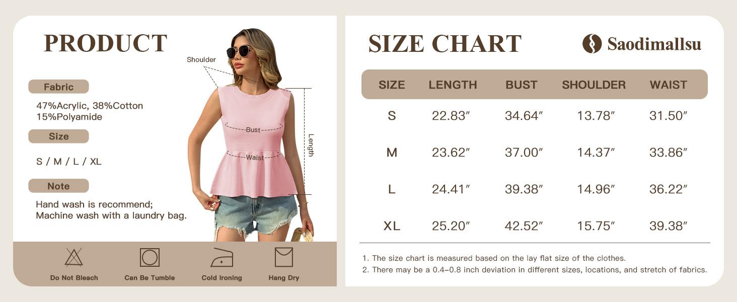 Saodimallsu Womens Sleeveless Babydoll Tank Tops Peplum Ruffle Crew Neck Ribbed Knit Summer Trendy Sweater Vest