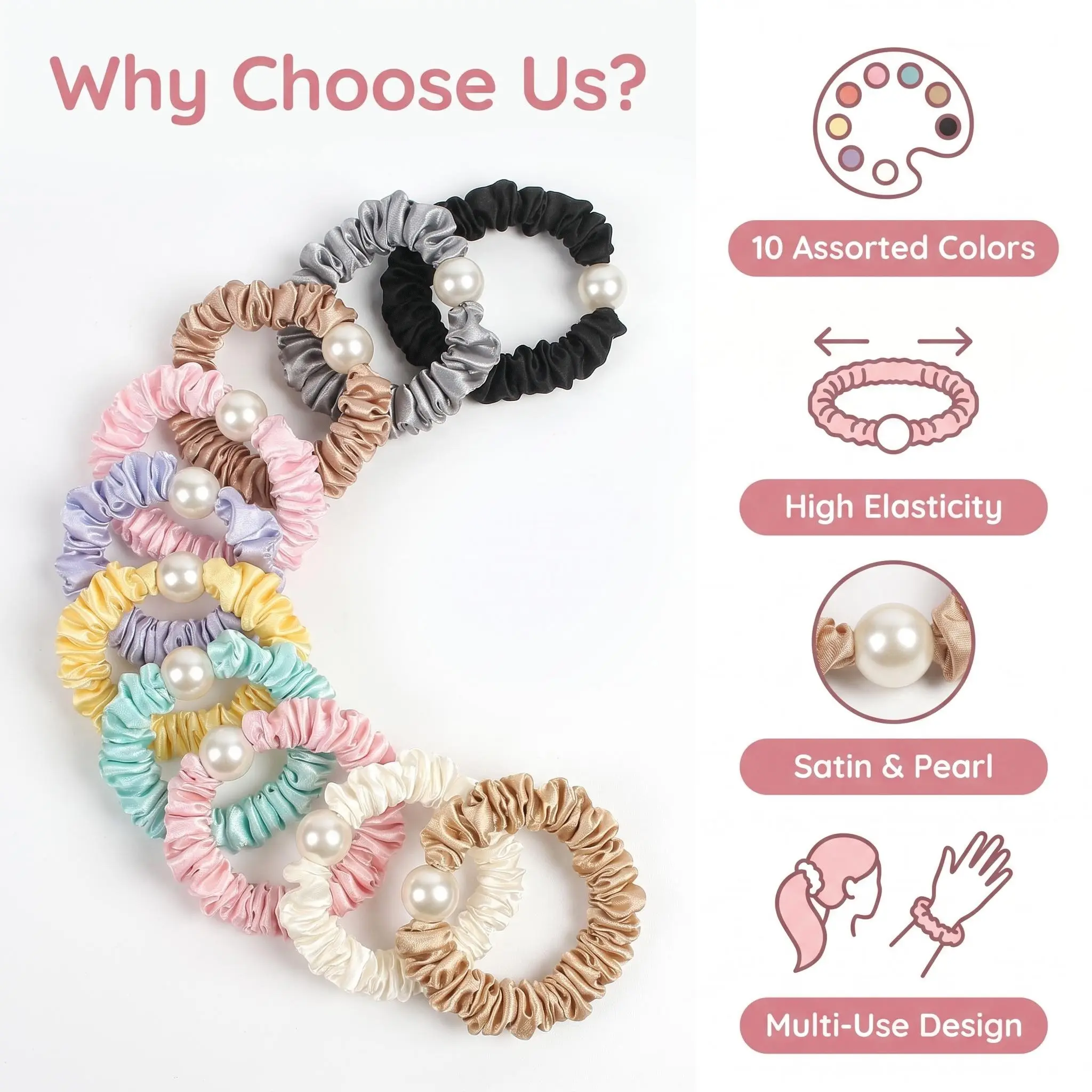 1 Scrunchies 10Pcs Satin Pearl Set for Women Gentle Hold No Damage Soft Hair Ties High Elastic Ponytail Holders Aesthetic Su
