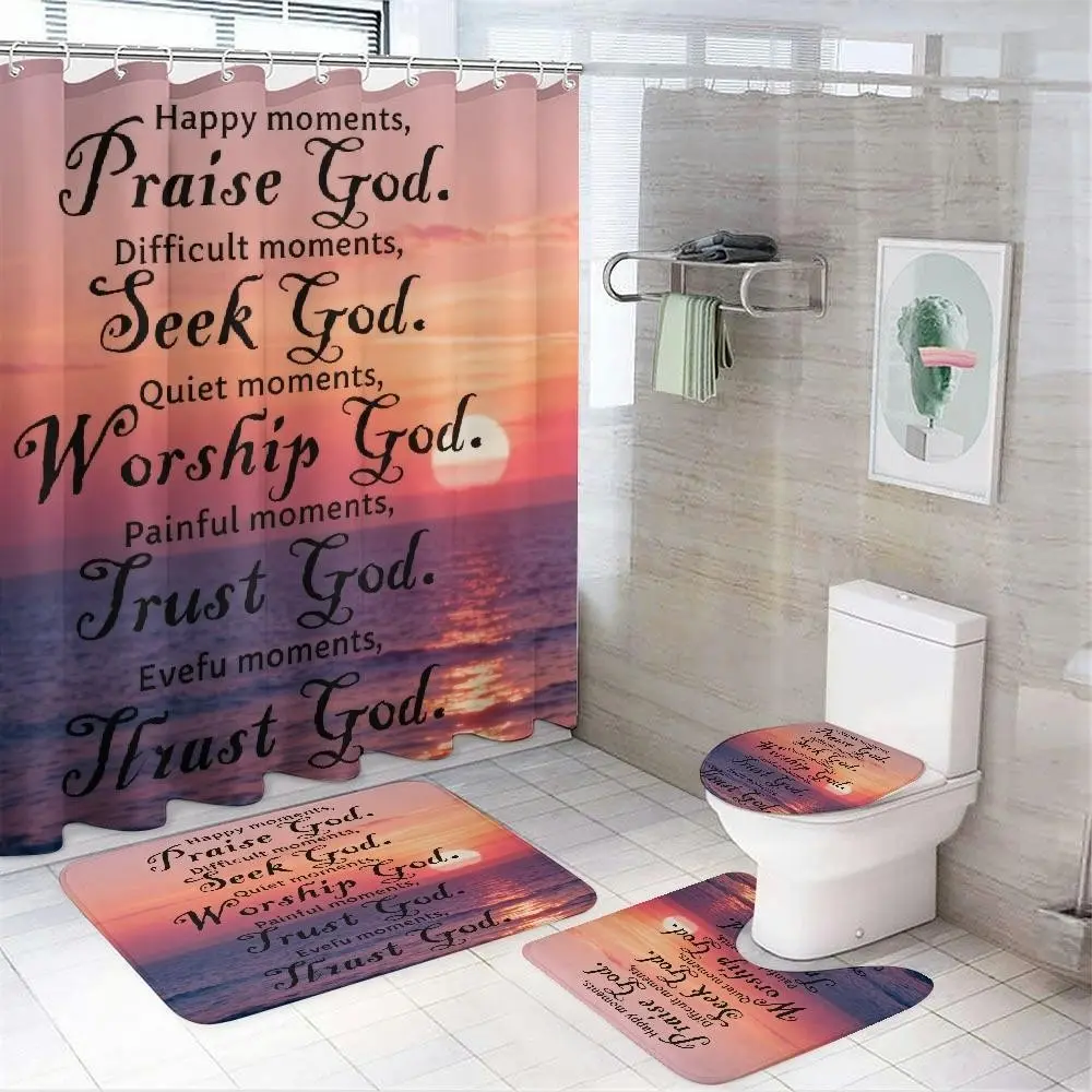 4pcs Shower Curtain and Set with Ocean Sunset Design & "Praise God" Prayer Quote - U-Shaped Floor Mat, Toilet Cover Suitable for Bathrooms, Fabric, Wipe- Religious Decor for Homeschooling Families