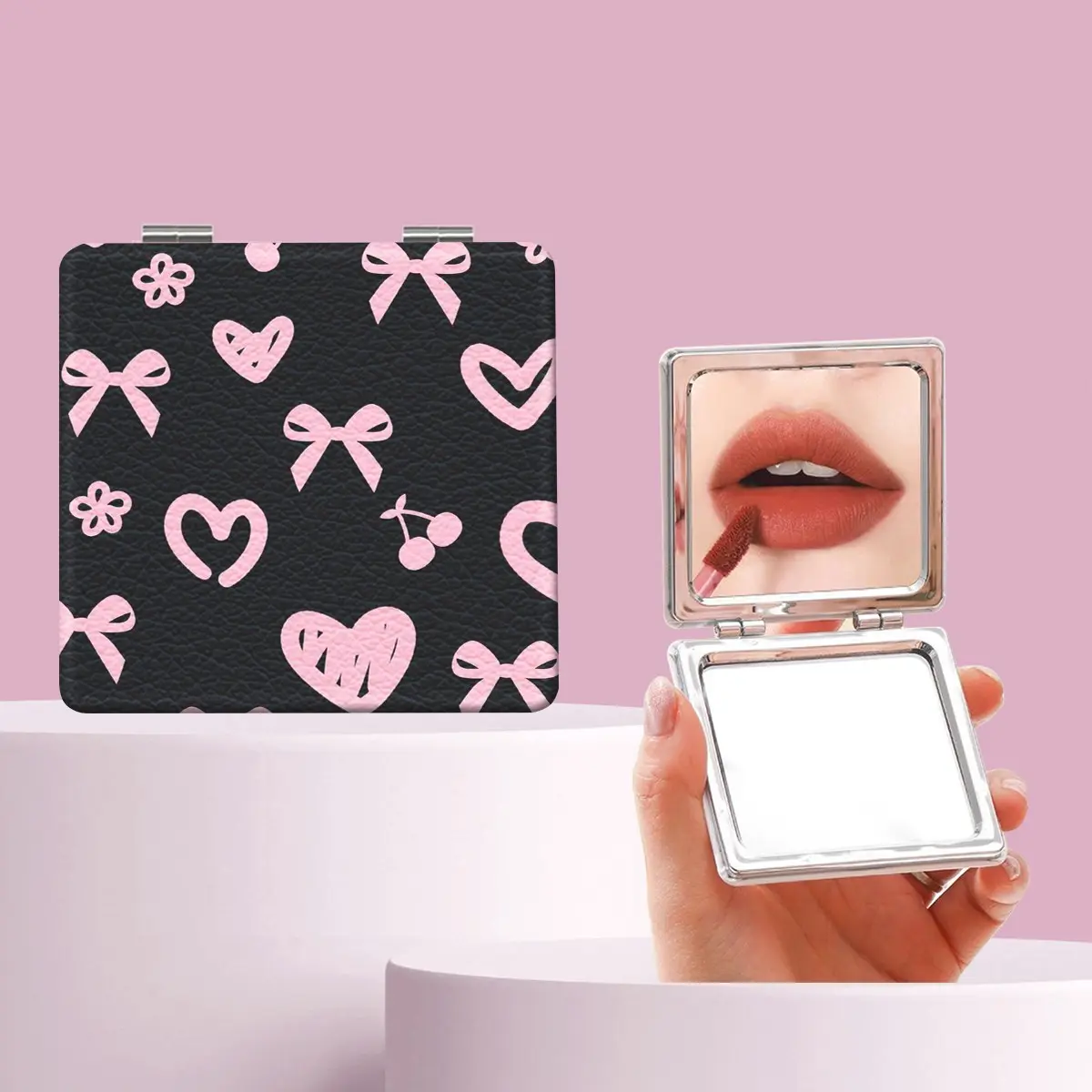 Graffiti Leopard Heart Cherry Bow Makeup Mirror, Foldable Mini Handheld Mirror, Perfect Gift for Sisters Friends Girls, Christmas Birthday Easter