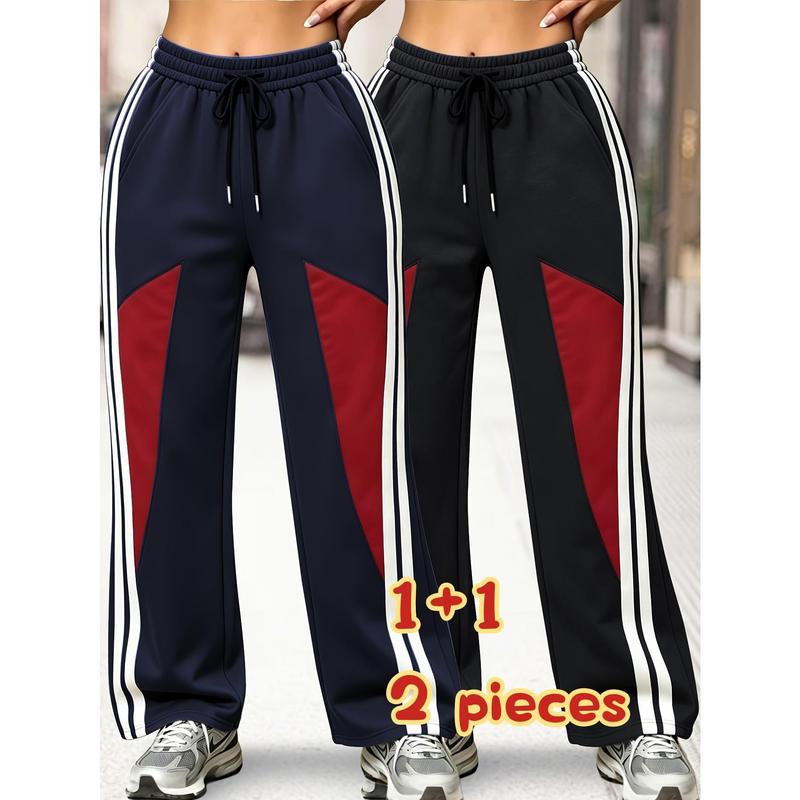 Women's 2-Pack Loose-Fit Wide Leg Work Joggers, Beige Vertical Stripes with Red Contrasting Panel, Elastic High Waist, Lightweight Breathable Fabric, Suitable for Casual & Retro Streetwear