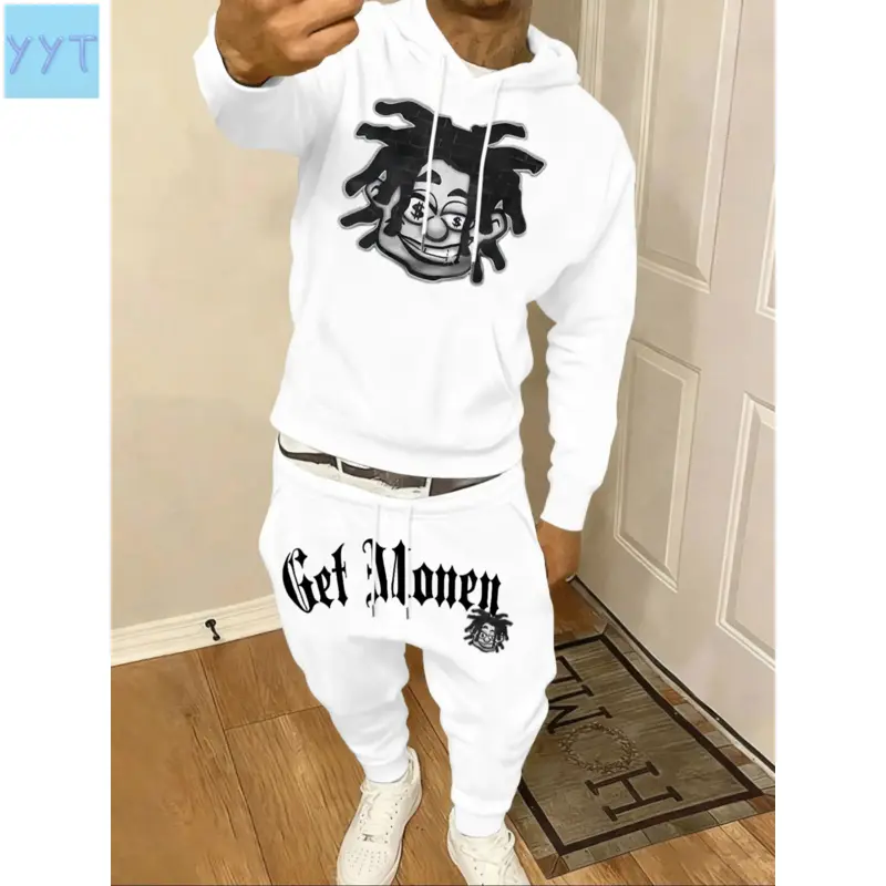 YYT1 Men's 2-Piece Fall Winter Casual Graphic Sweatshirt Set (Menswear Casual Wear), Hooded Long-Sleeve Letter Print Top + Drawstring Waist Pants, Thick Fitted Sports & Outdoor Outfit, Letter Prints