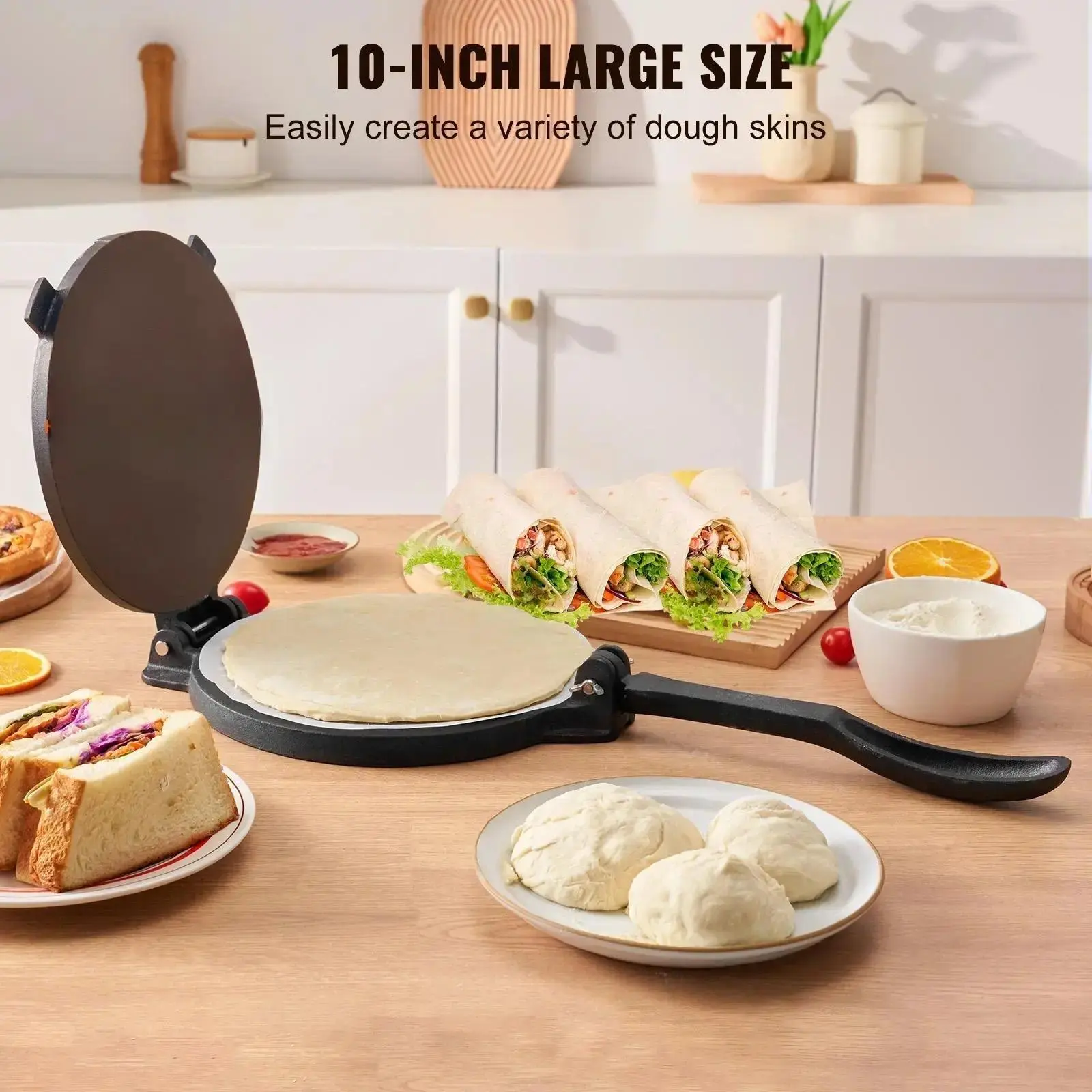 Pre-Seasoned Round Silver Tortilla & Roti Maker, Cast Iron Tortilladora Press, Heavy Duty Pataconera Dough Press, Multi-Functional Kitchen Tawa Tool for Homemade Flour Tortillas, Flatbreads & Arepas, Easy Tortilla Making