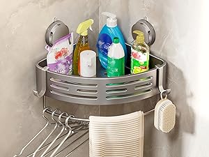 Corner Shower Caddy Suction Cup Shower Shelf Corner No Drilling Bathroom Shower Organizer Storage Rack Adhesive with Towel Bar Hooks (,Matte Gray) : Home & Kitchen