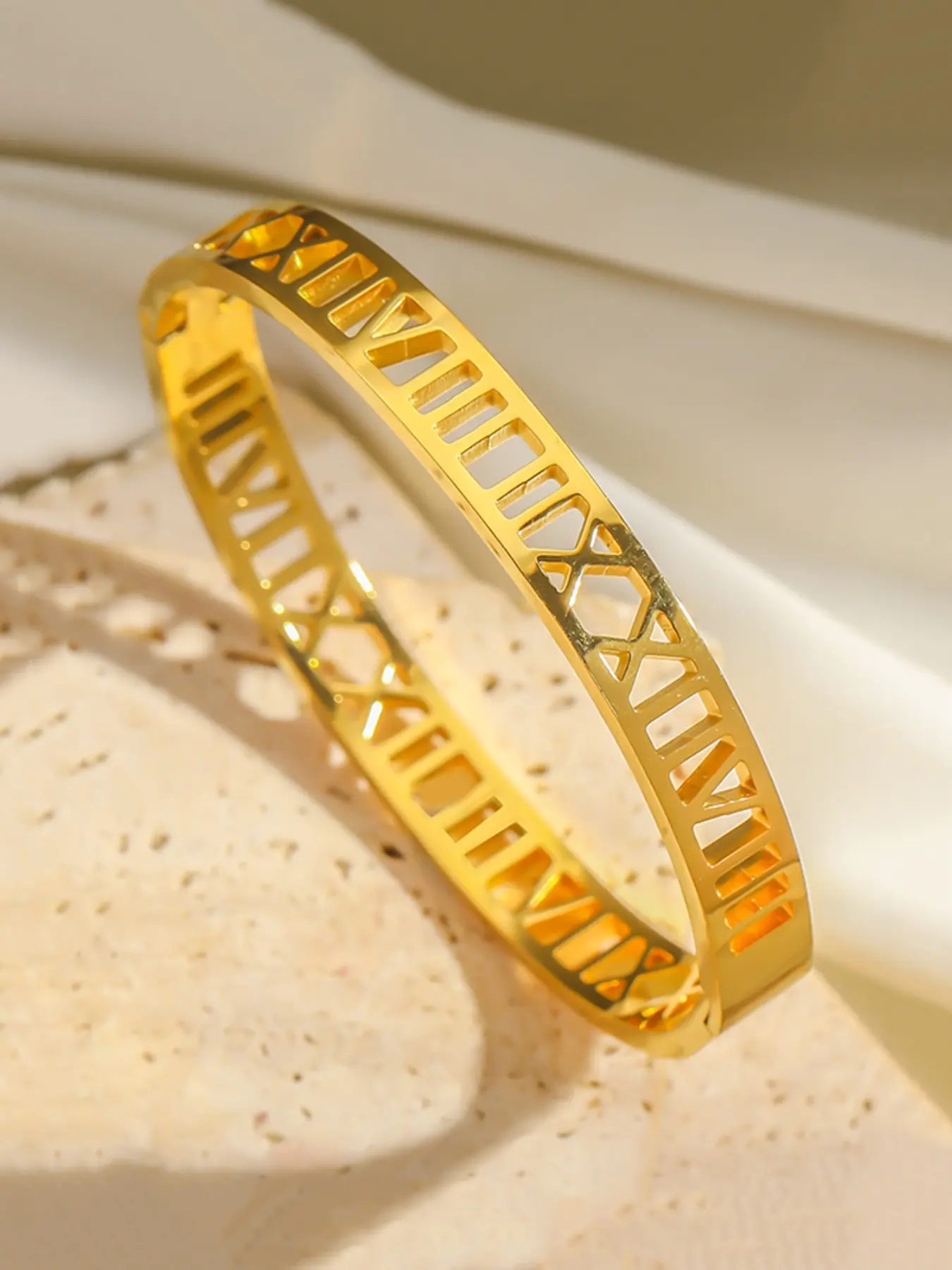 Minimalist Hollow Roman Numeral Stainless Steel Bracelet, Waterproof Unisex Jewelry, Trendy Hip-Hop Style, Available in Three Colors