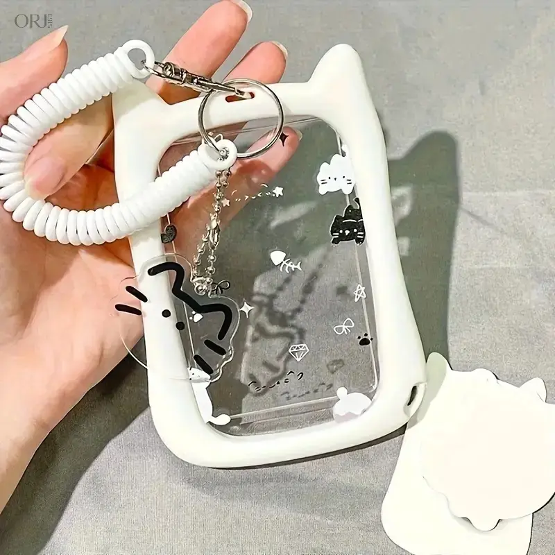 Cute Cat Design Silicone Card Holder with Keychain, ID Badge Holder, ID Holders For Badges, Durable ID Protector for Students, Bus, Subway, Campus Cards, Clear ID Badge Holder, Transparent with Colorful Paw Prints, Convenient