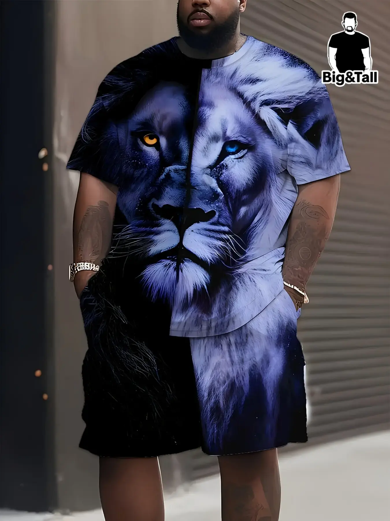 Large-size men's printed T-shirt and shorts set (with lion pattern) | 3D printing design | Soft fabric | Machine washable and wearable | Casual sport style, casual wear | Lion-patterned top | Elastic fabric