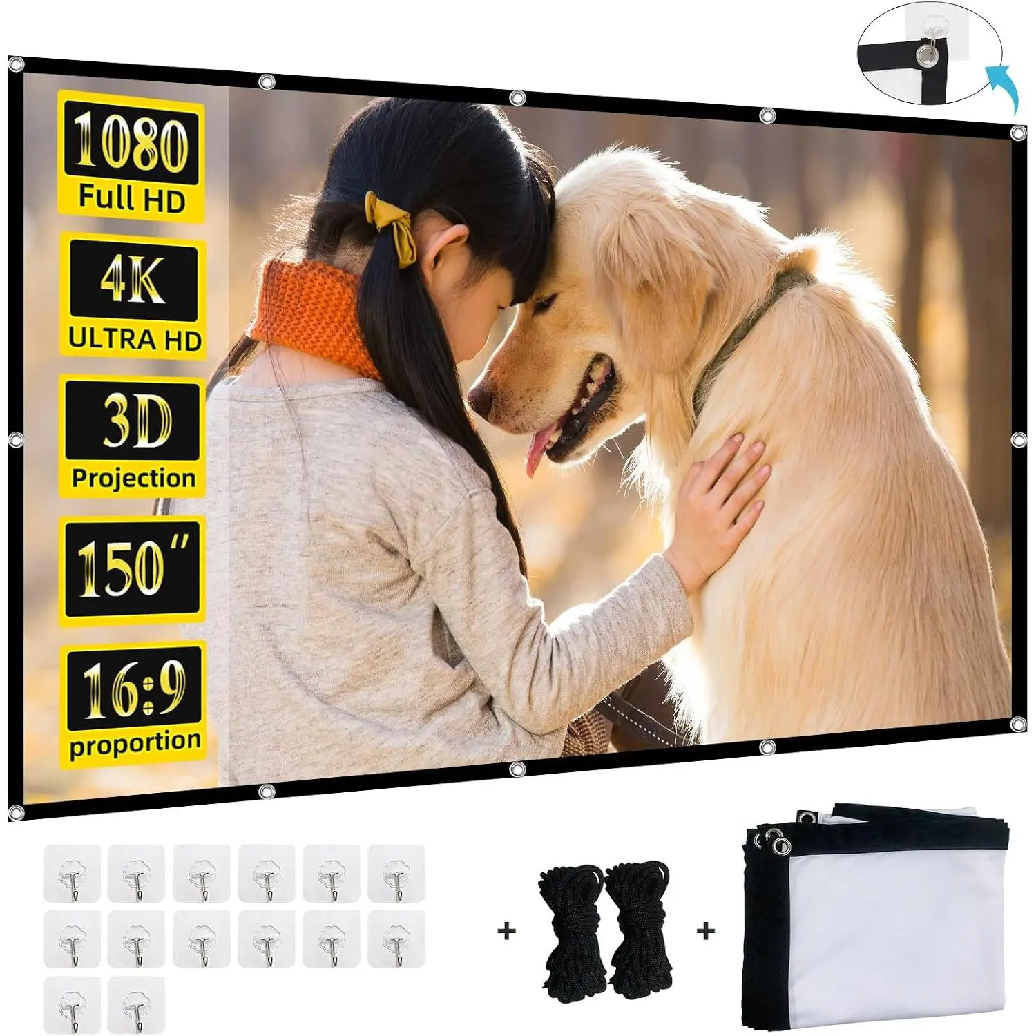 Projector Screen, 150-inch Projection Screen 4K 16:9  Foldable Portable Movie Screen Outdoor Indoor Double-Sided Cinema Screen for Movie  Theater Backyard Partying