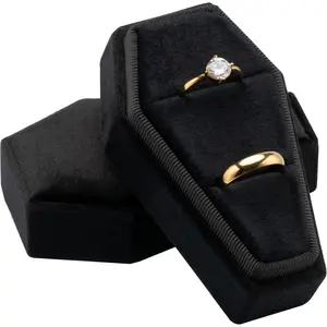 Velvet Coffin Ring Box Case Holder for Gothic Wedding Ceremony Jewelry Organizer Decorations (Black)