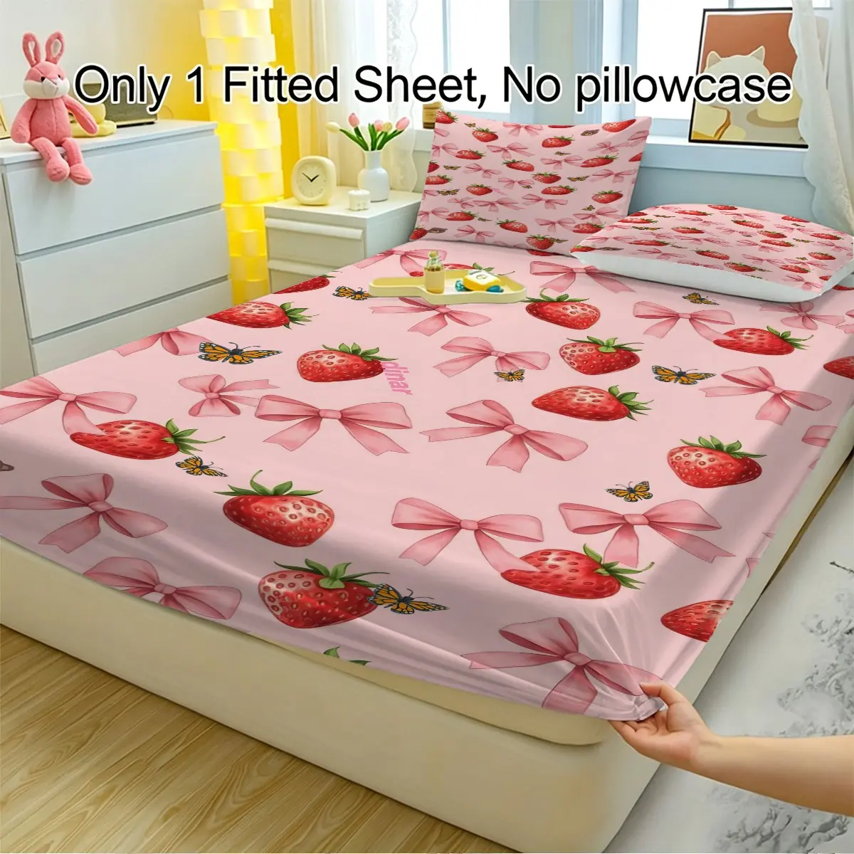 3 Piece High-Definition Digital Printing Fitted Sheet Set, Strawberry Graphic Design Girly Bed Sheet Set, (No Filling, 1 Fitted Sheet, 2 Pillowcases), Lovely Themed Bed Linen for Apartment, Rental House
