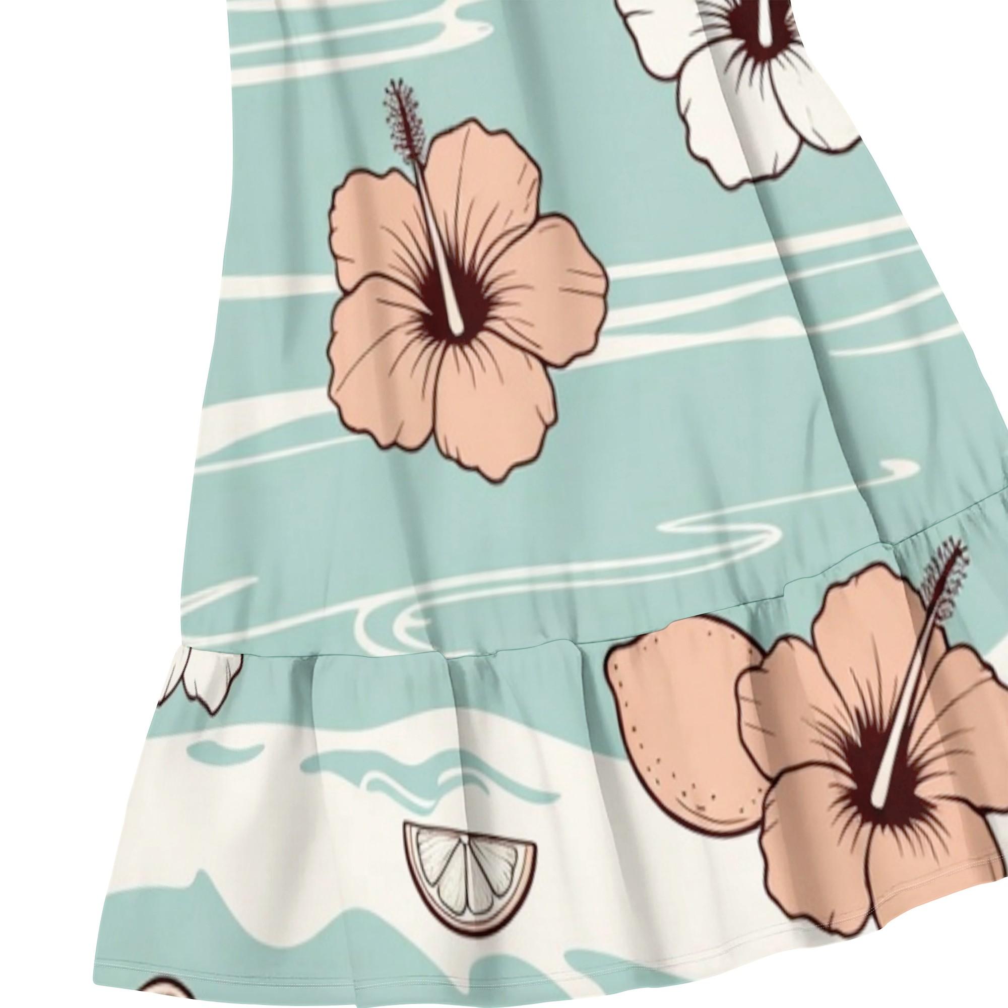 Hawaiian Hibiscus Print Sleeveless Dress Summer Beach Vacation Casual A-Line Swing Dress with Ruffle Hem