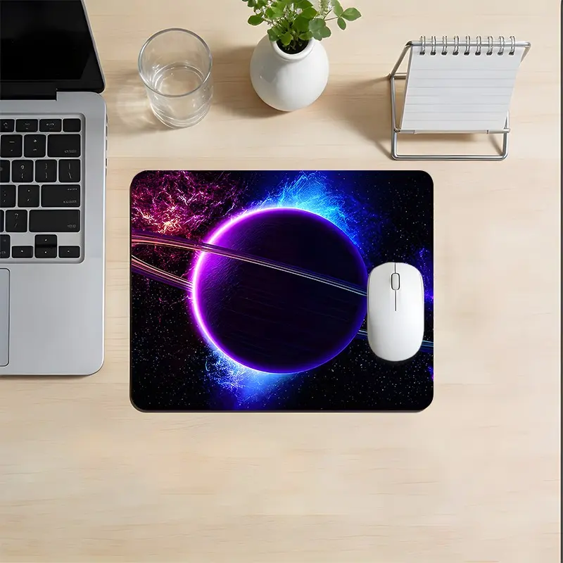 Futuristic Neon Saturn Galaxy Mouse Pad, Dark Starry Nebula Print, Non-Slip Rubber, Durable Smooth Pad for Office & Gaming