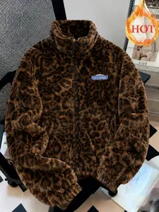 Men's Leopard Print Coffee Color Patchwork Jacket, Fall Winter Casual Streetwear, Fashionable Warm Outerwear for Young Adults