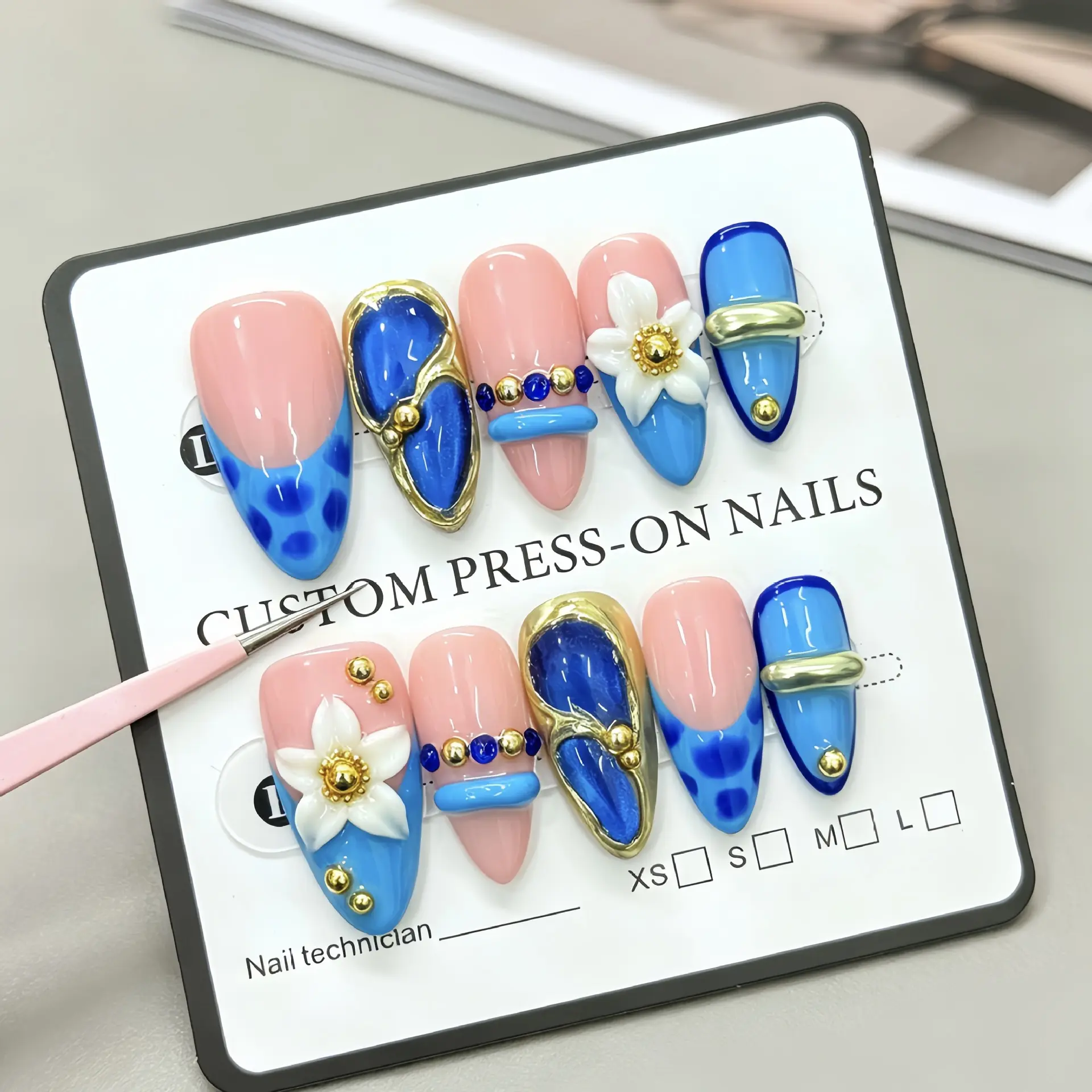 Atelier Handmade Quiet Luxury Coquette Almond Press On Nails 3D White Flower Gold Metal Bead Blue Leopard Marble Foil Charms Nude Pink French Tip Glossy Y2K Boho Reusable False Nails For Vacation Beach Date Daily Party