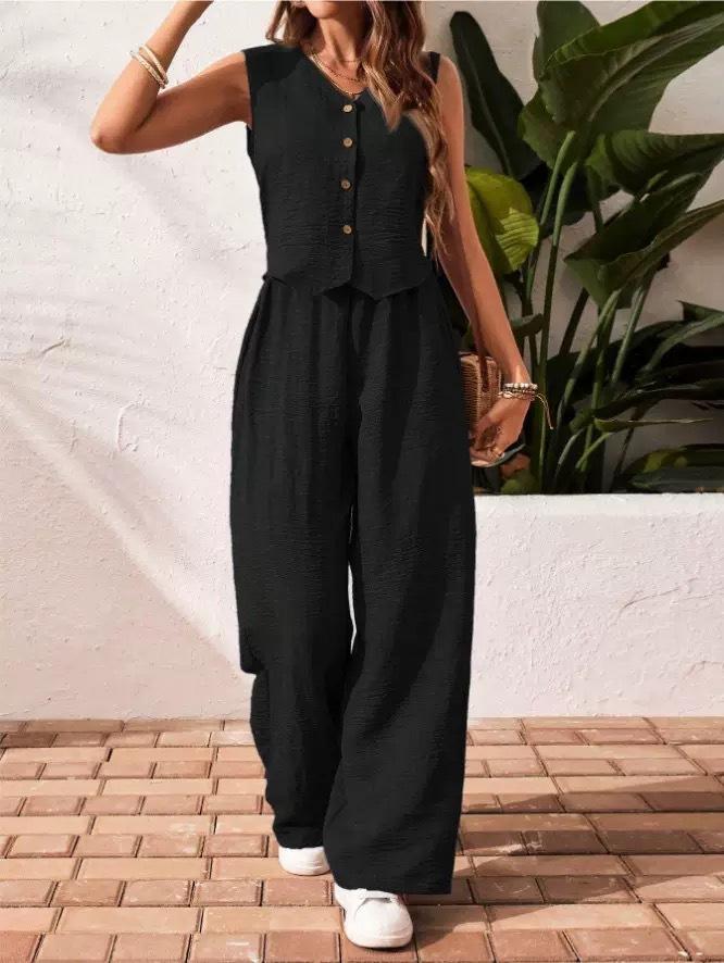 Women's 2 Piece Vest and Pants Set, Casual Button Down Waistcoat and Wide Leg Pants Matching Outfit