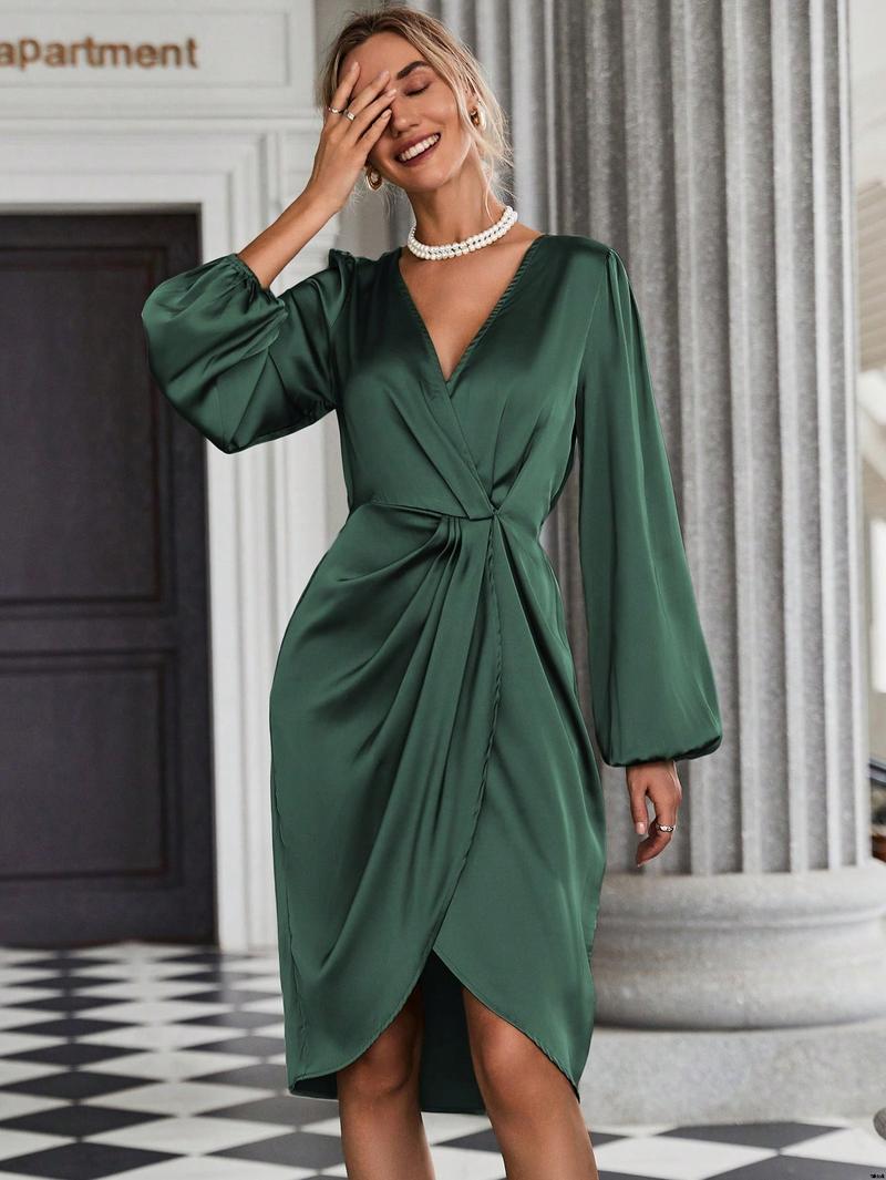 Dress satin hem body sleeve wrap lantern Clasi SHEIN