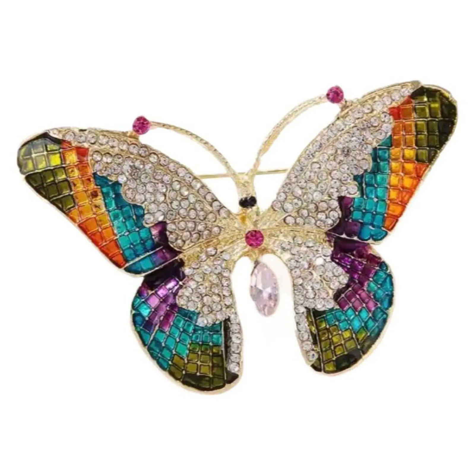 Vintage Rainbow Mosaic Butterfly Brooch Stained Glass Enamel Jewelry Sparkling Crystal Insect Pin for Women Blazer Coat Dress Wedding Gift