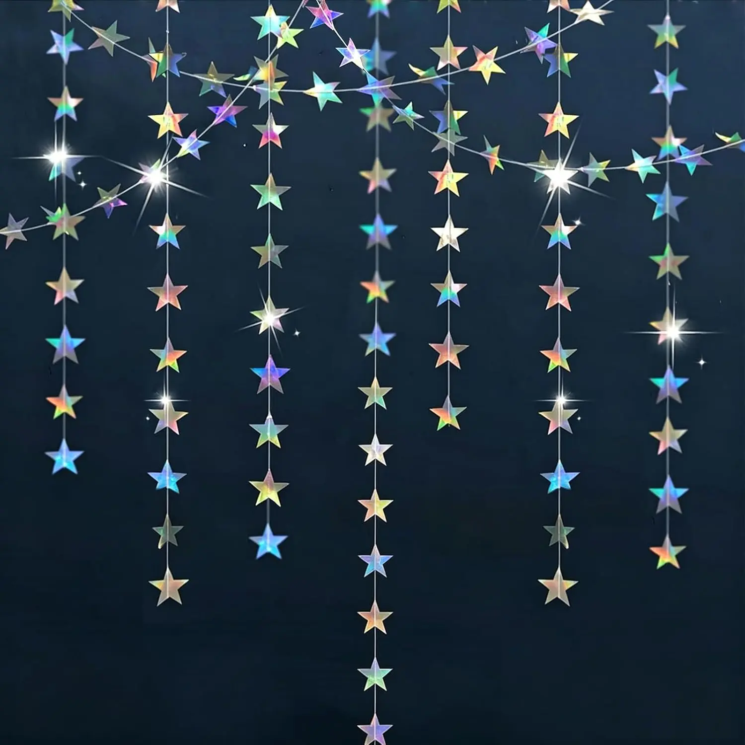 Iridescent Star Garland Party Decorations - 78 Feet Iridescent Silver Hanging Stars, Star Streamers Banner Paper Garland for Birthday Wedding Classroom Christmas