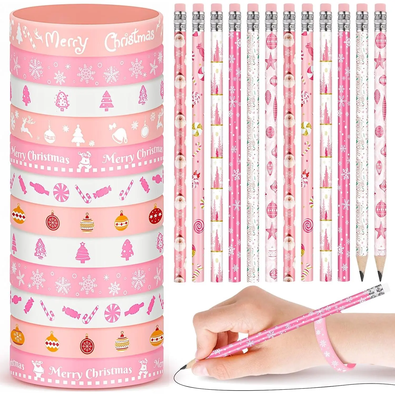 48 count Christmas Pencils  Bracelets Set Christmas Party Favors Candy Cane  Snowman Santa Tree Snowflake Pencils Xmas Wristbands Gifts(,7.48 Inch Pencil)