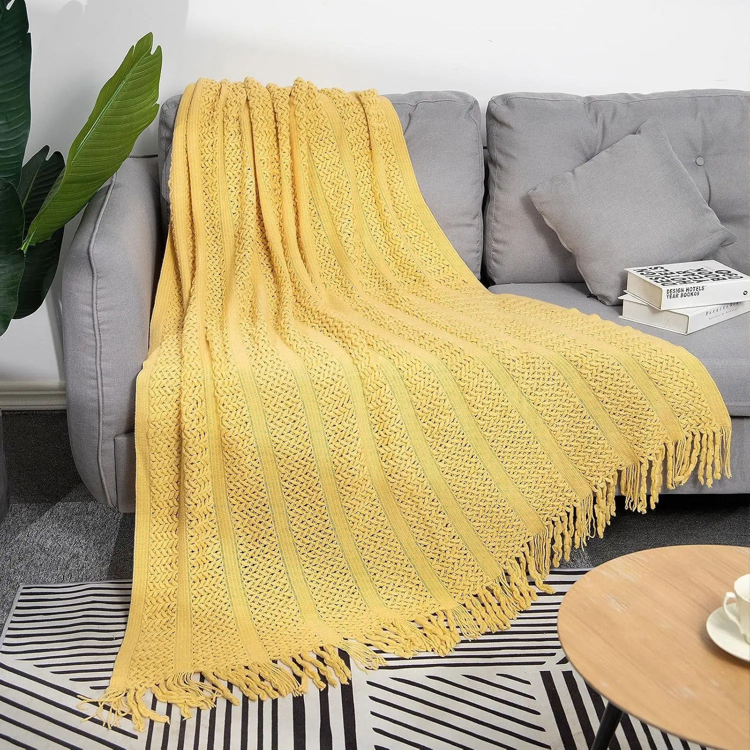 Knit Throw Blanket   Lightweight Decorative Blankets with Tassels 50×60 Inch Solid Soft Throw Cover for Couch Sofa Bed  Decor ( Yellow)