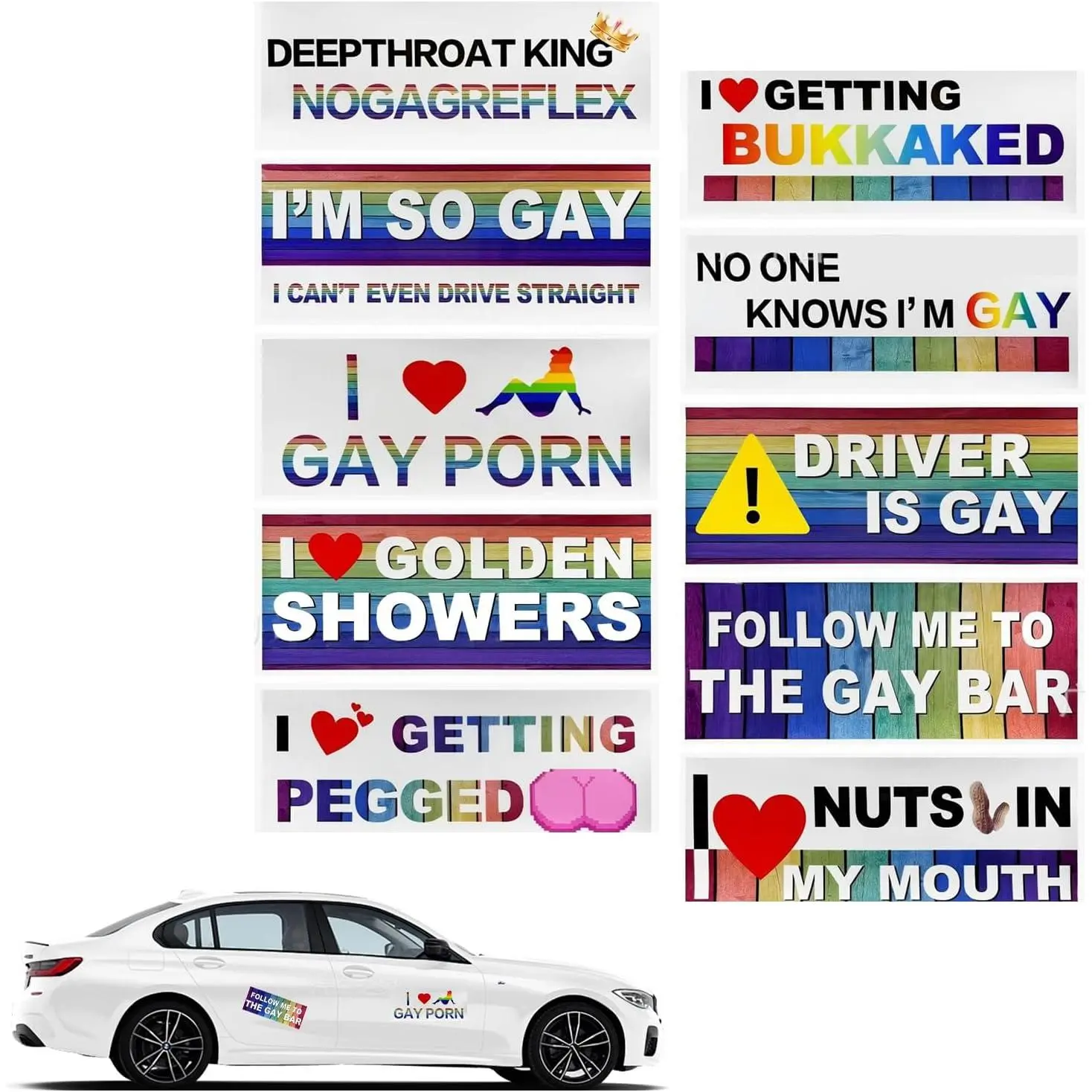 10PCS Car Gay Bumper Stickers, Funny LGBT Waterproof Bumper Stickers, Prank Rainbow Sticker with Humor Text, Universal Gay Pride Decals for Vehicle Luggage Window