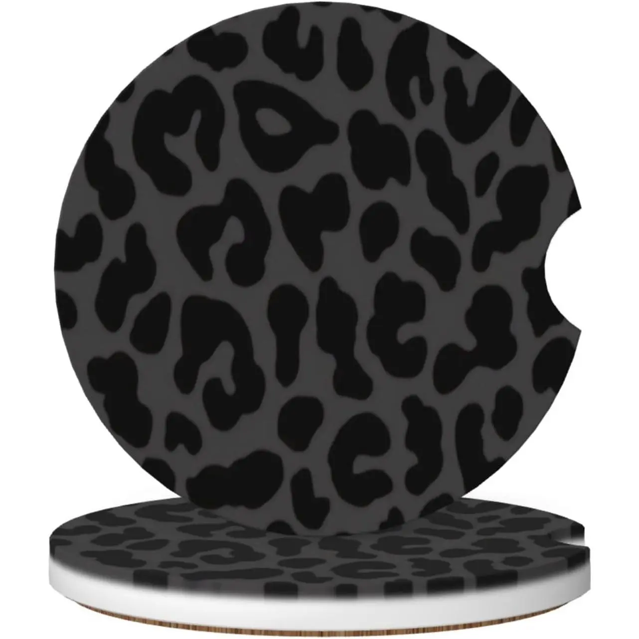 Ceramic Car Coasters for Cup Holders - Absorbent, Anti-Slip 2.56" Black Leopard Cheetah Print Car Interior Accessories (2-Pack)