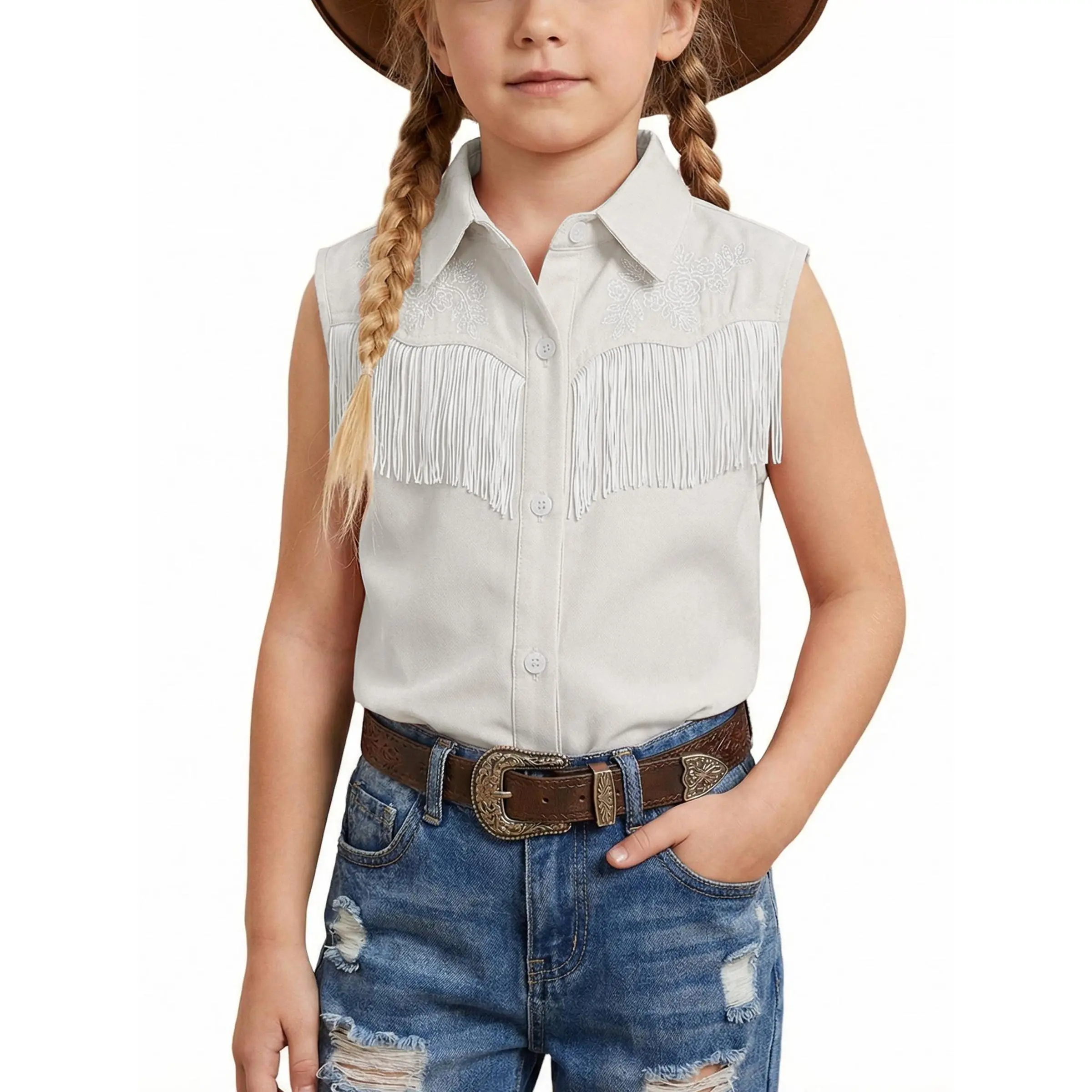 Girls Western Sleeveless Button Down Blouse Floral Embroidery Fringe Trim Cowgirl Woven Shirt Top