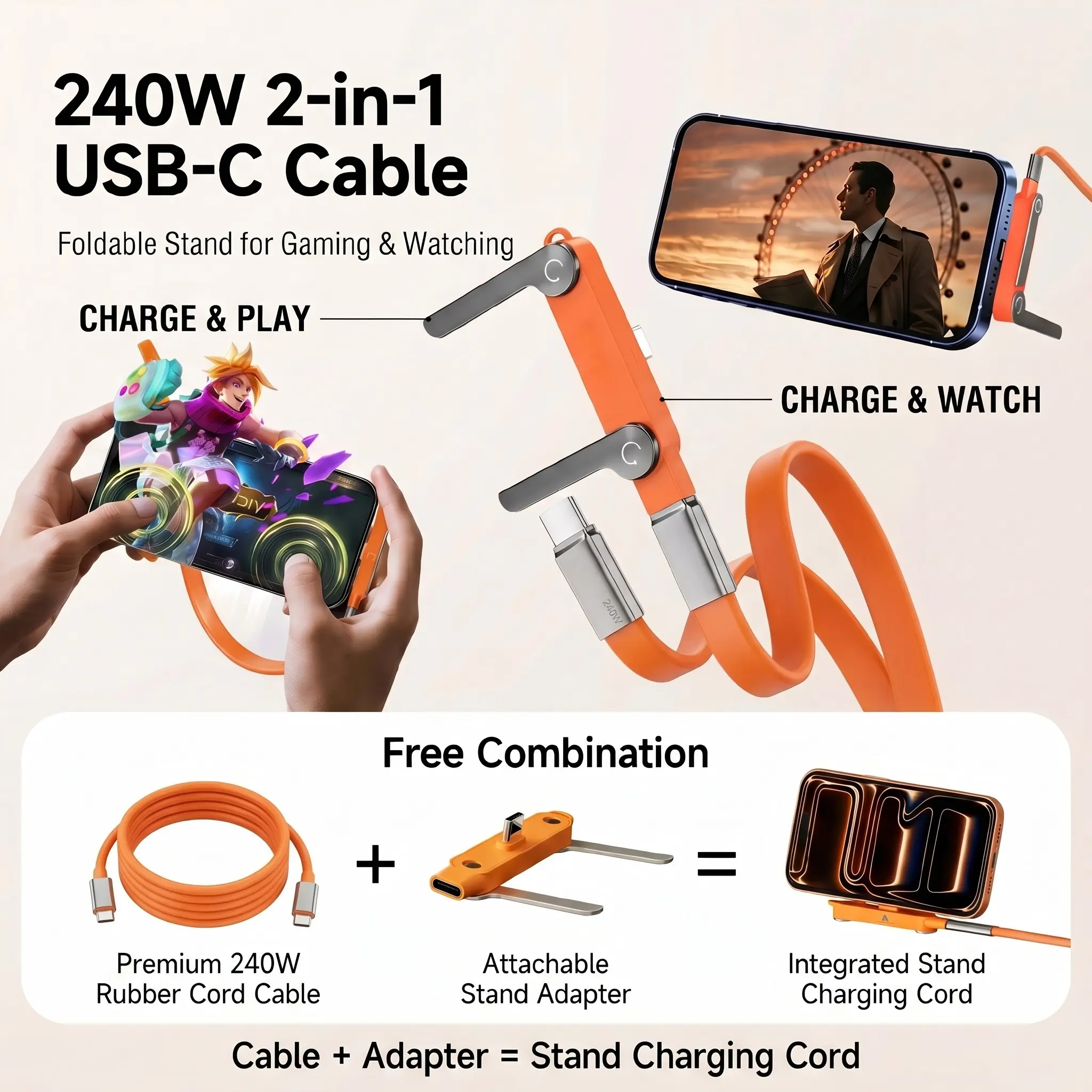 240W Type C Fast Charging Cable with 360° Rotating Stand, Durable Zinc Alloy Silicone Charger Cord for iPhone 17/16/15, Samsung Galaxy, Gaming, Streaming, Office Use, 1.5M
