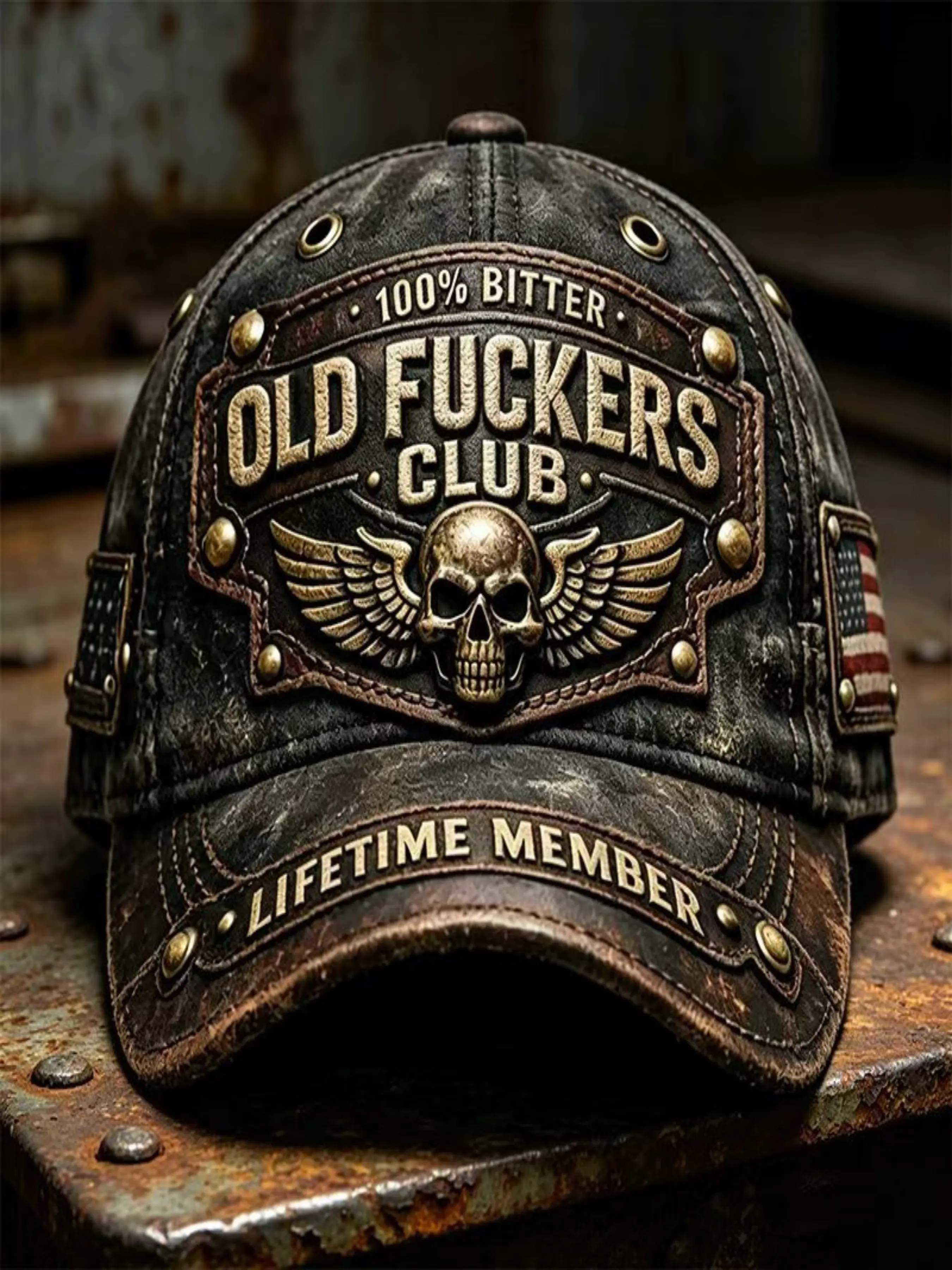 Vintage Motorcycle Truck Driver Hat, Graphic Trucker Hat, Cool Hat, Graphic Hats, Old Fuckers Club 100% Bitter Skull Wings Washed Baseball Cap, Men's Casual Loose-Fit Cap