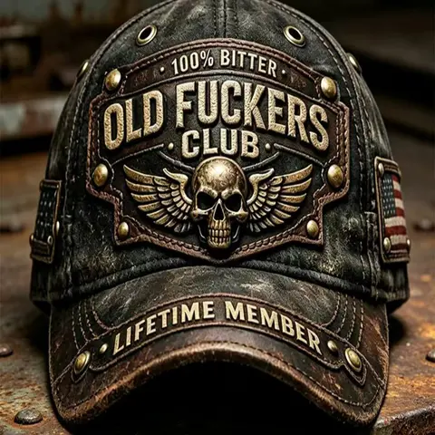 Vintage Motorcycle Truck Driver Hat, Graphic Trucker Hat, Cool Hat, Graphic Hats, Old Fuckers Club 100% Bitter Skull Wings Washed Baseball Cap, Men's Casual Loose-Fit Cap