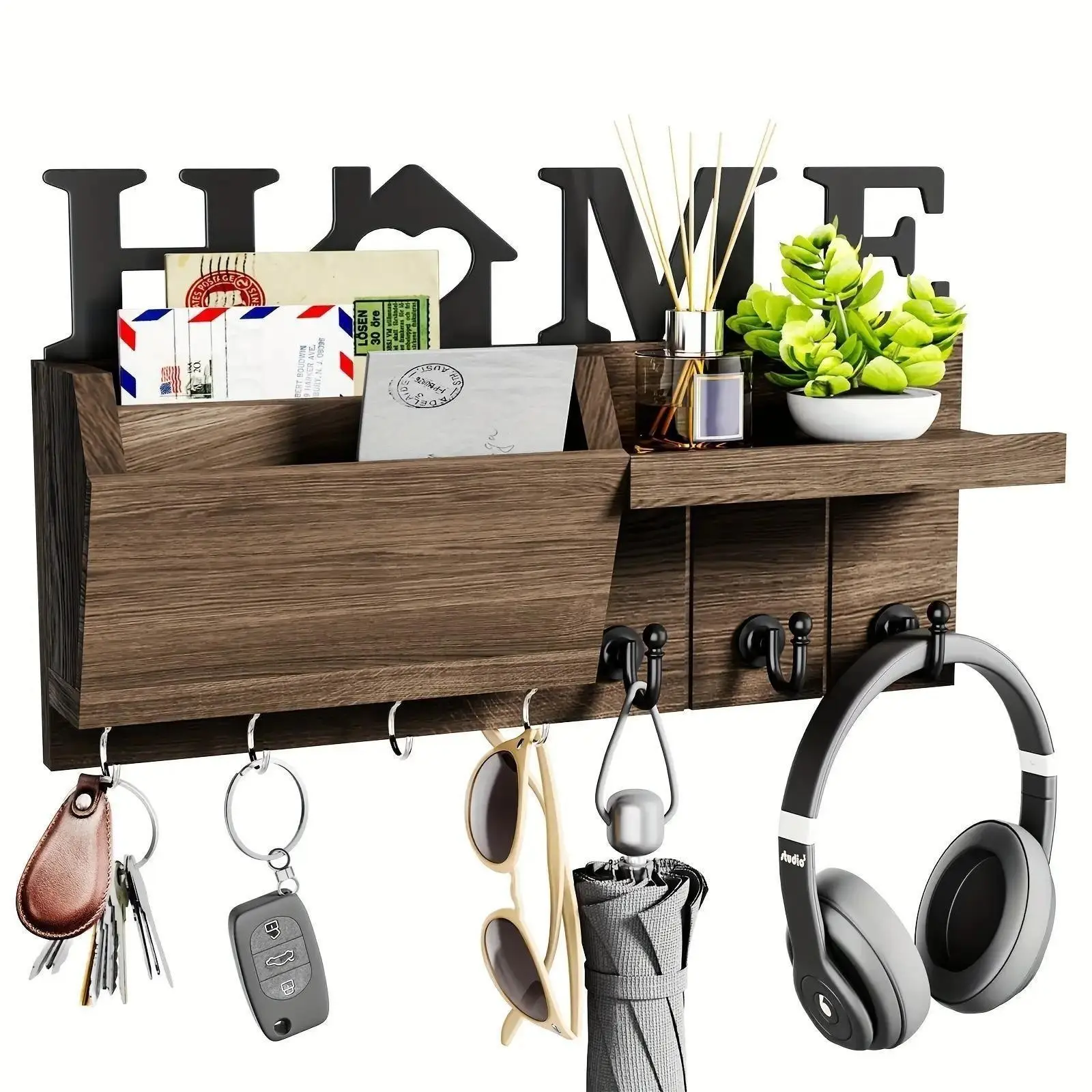 Modern Wooden Key Rack with 7 Hooks, Wall-Mounted Entry Organizer for Home Office Bedroom Hallway, Surface, Wood Structure, Key Hook Wall