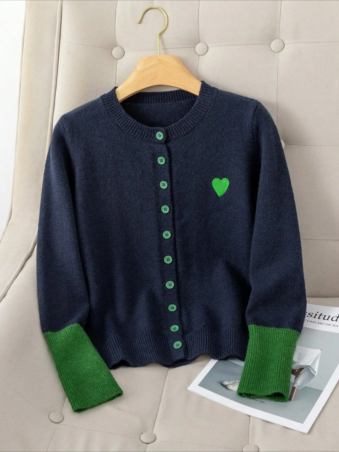 Women's Elegant Long Sleeve Knit Cardigan, Heart Embroidery, Solid Color, All Seasons, Casual Fashion, Perfect for Daily Wear