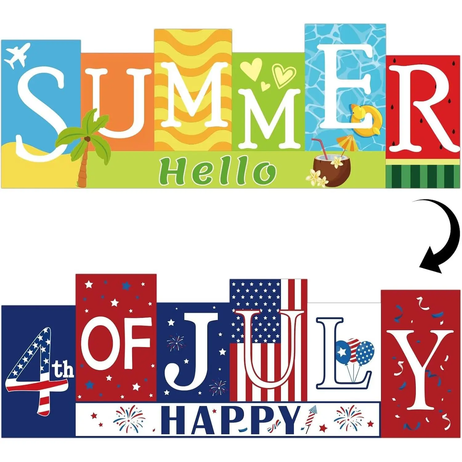 4th of July Wooden Summer Decorations Indoor Table Sign Kitchen, Patriotic Independence Day Memorial Day Reversible Double-sided Different Theme Farmhouse Tabletop CenterpieceGift