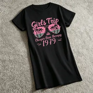 Womens Midi T Shirt Dress Crew Neck Short Sleeve Graphic Dress Vacation Girls Trip Palm Tree Sunglasses Print Casual Summer Travel Beach Outfit