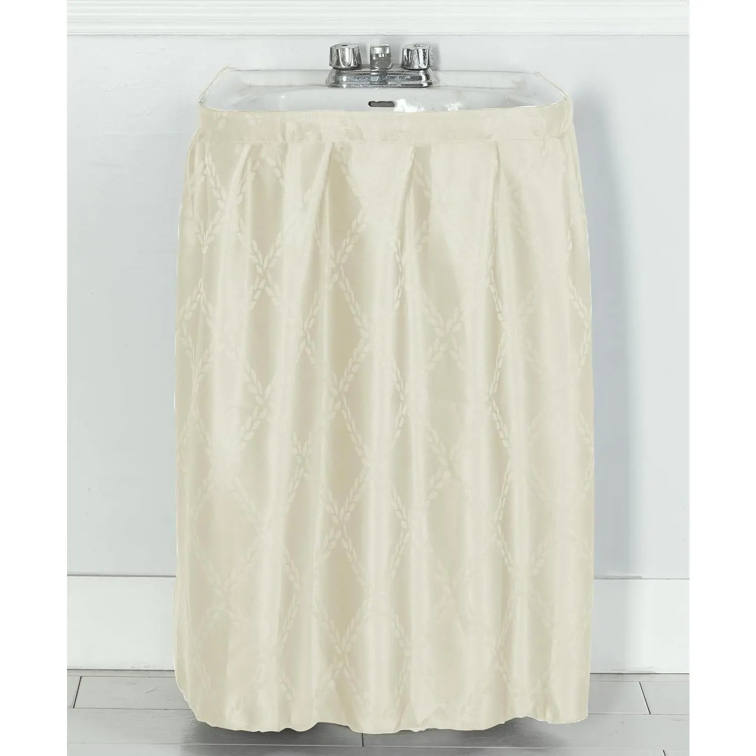 Fabric Sink Skirt Intersecting Leaves Pattern, Self Adhesive Water Repellent Vanity Cover (Ivory)