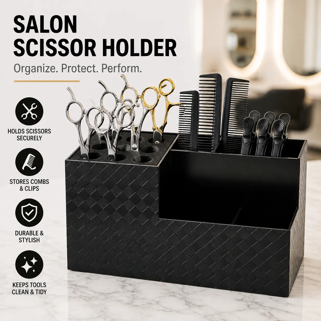 Hairdressing Scissor Organizer Case for Scissors, Combs and Hair Clips, 7.48 x 4.13 x 3.34 in, Salon Barber Styling Tool Storage Box, Compact Space-Saving Storage Organizer