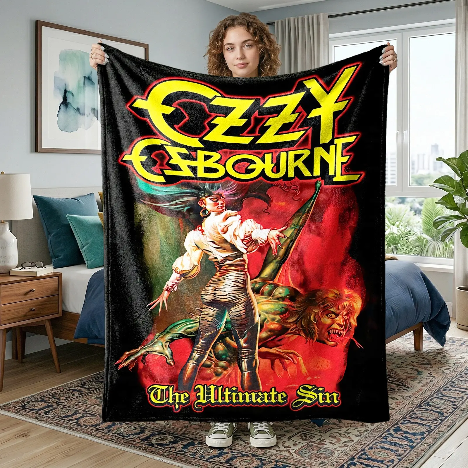 1pc Ozzy Osbourne Rock Album Fleece Blanket, Dark Red-Black Album Art, Ozzy Osbourne & The Ultimate Sin Text Print, Heavy Metal Style, Soft Warm Throw Blanket for Sofa, Bed, Office, Camping, Ideal Birthday & Christmas Gift