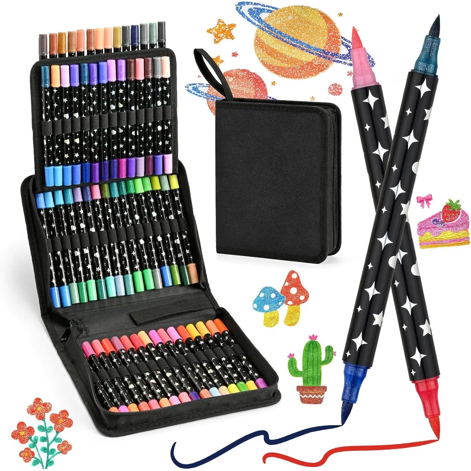 Glitter Markers Pens,120 Colors  Tip Brush Glitter Pens Set 60 Pack Sparkle Markers for Art Supplies Scrapbooking, Cards, DIY Crafts, Adults Coloring Books