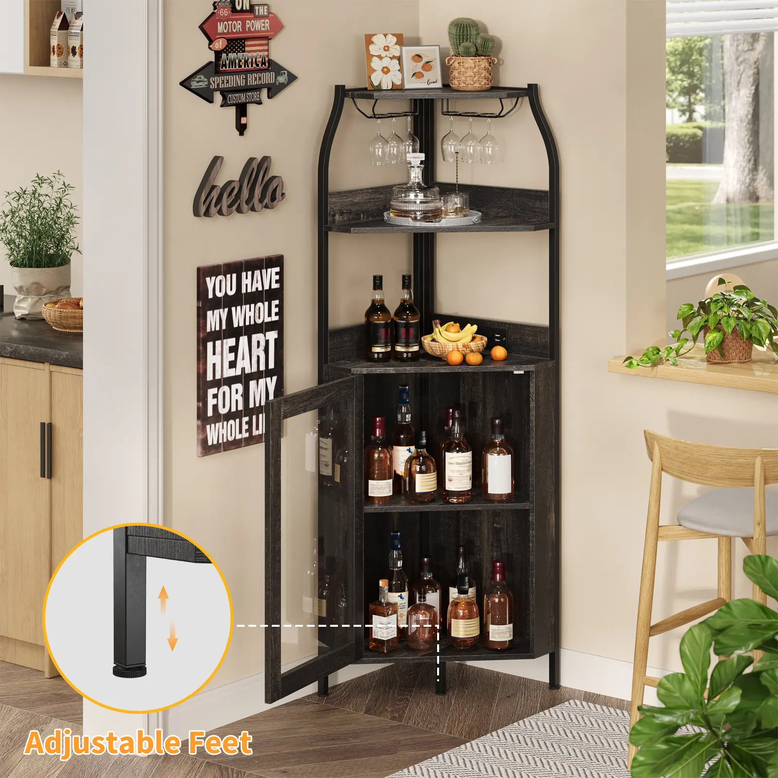 Industrial Corner Bar Cabinet with LED Light and Power Outlet 5-Tier Space Saving Wine Rack for Home Living Room Mini Bar Unit