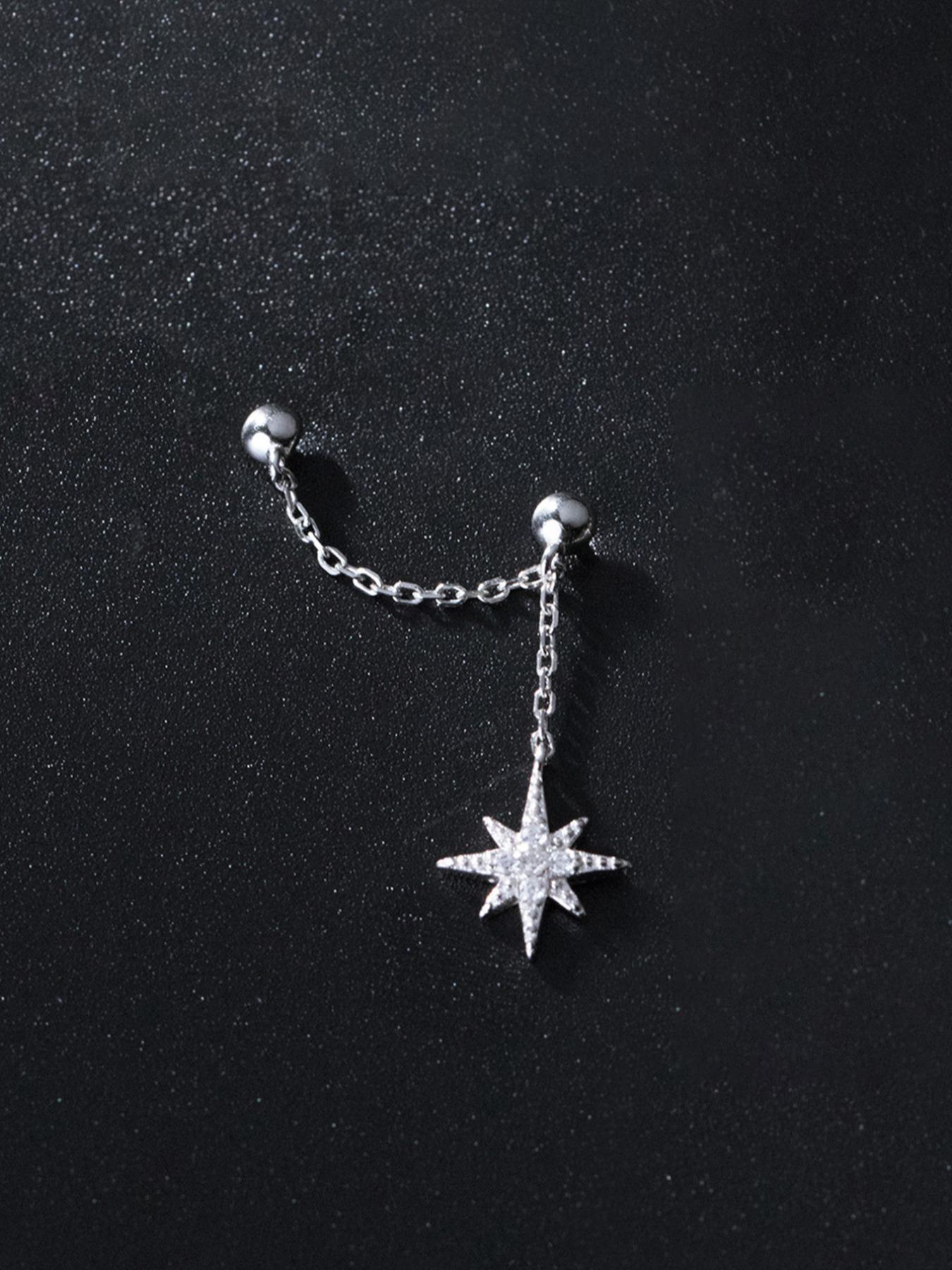 925 Sterling Silver Chain Design Earrings, Double-Threaded Eight-Pointed Star Zircon Drop Earrings, Stud Earring for Women, Fine Jewelry Gift, Elegant Minimalist Earrings