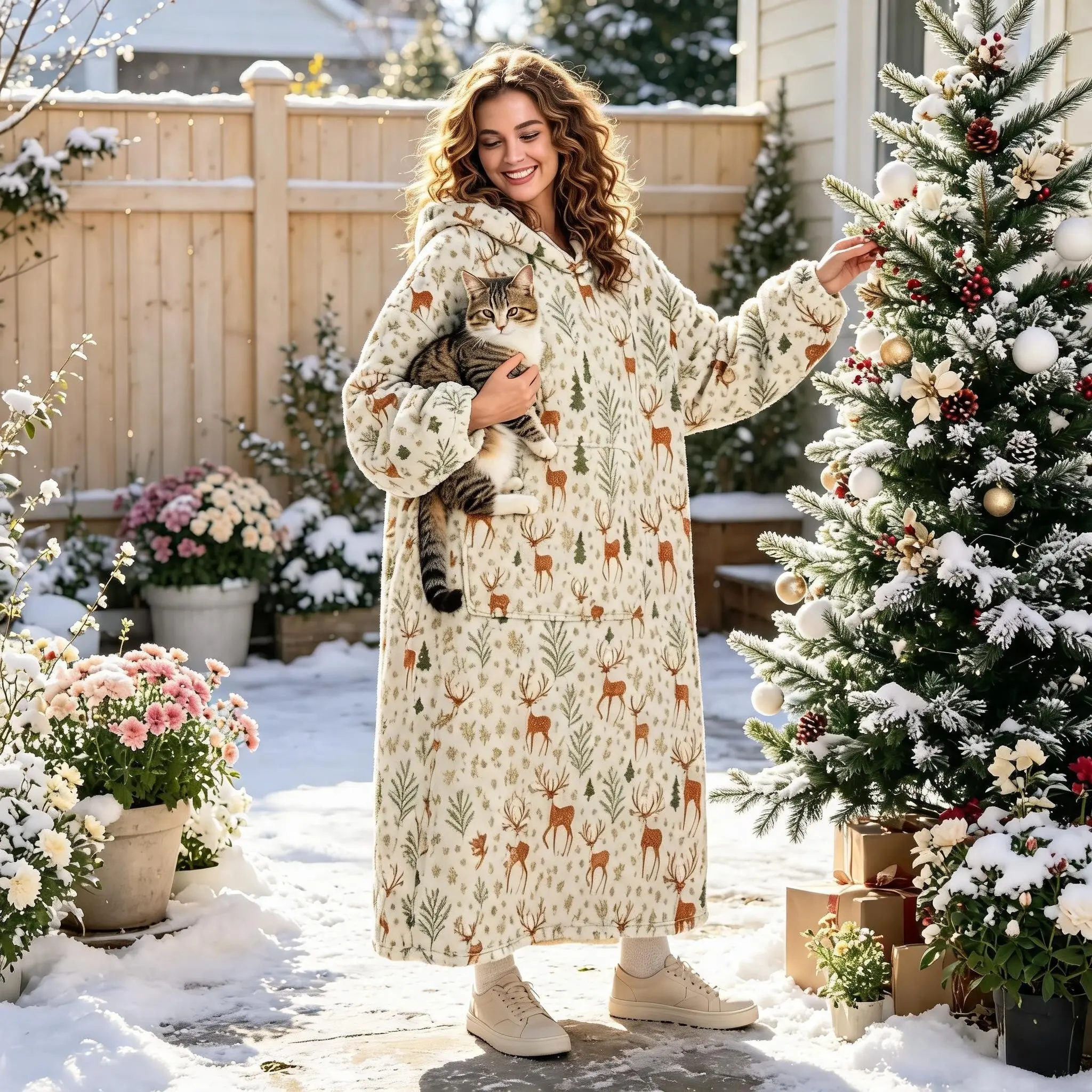 1pc Hooded Wearable Flannel Blanket, Lightweight Soft with Pockets, Forest Deer Print, Ideal for Dorm, Outdoor Camping, Holiday Gift