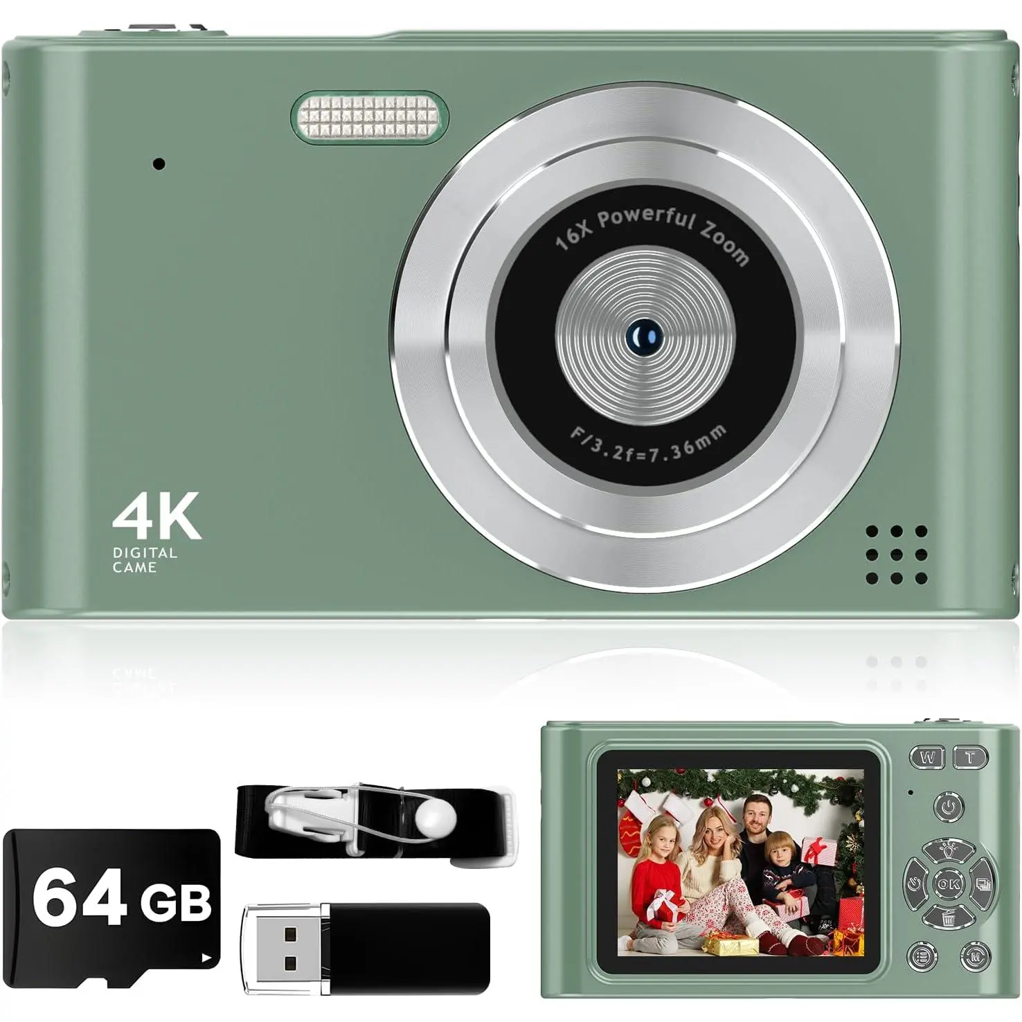 Digital Camera - 1080P Vlog Camera, 44MP Compact, 16X Zoom, Anti-Shake, Green  for